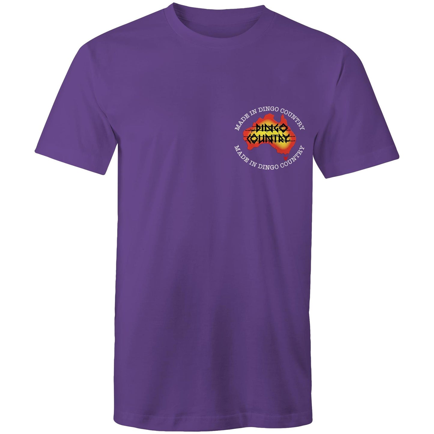 Purple t-shirt with 'Made in Dingo Country' logo on the chest in vibrant Australian colors.