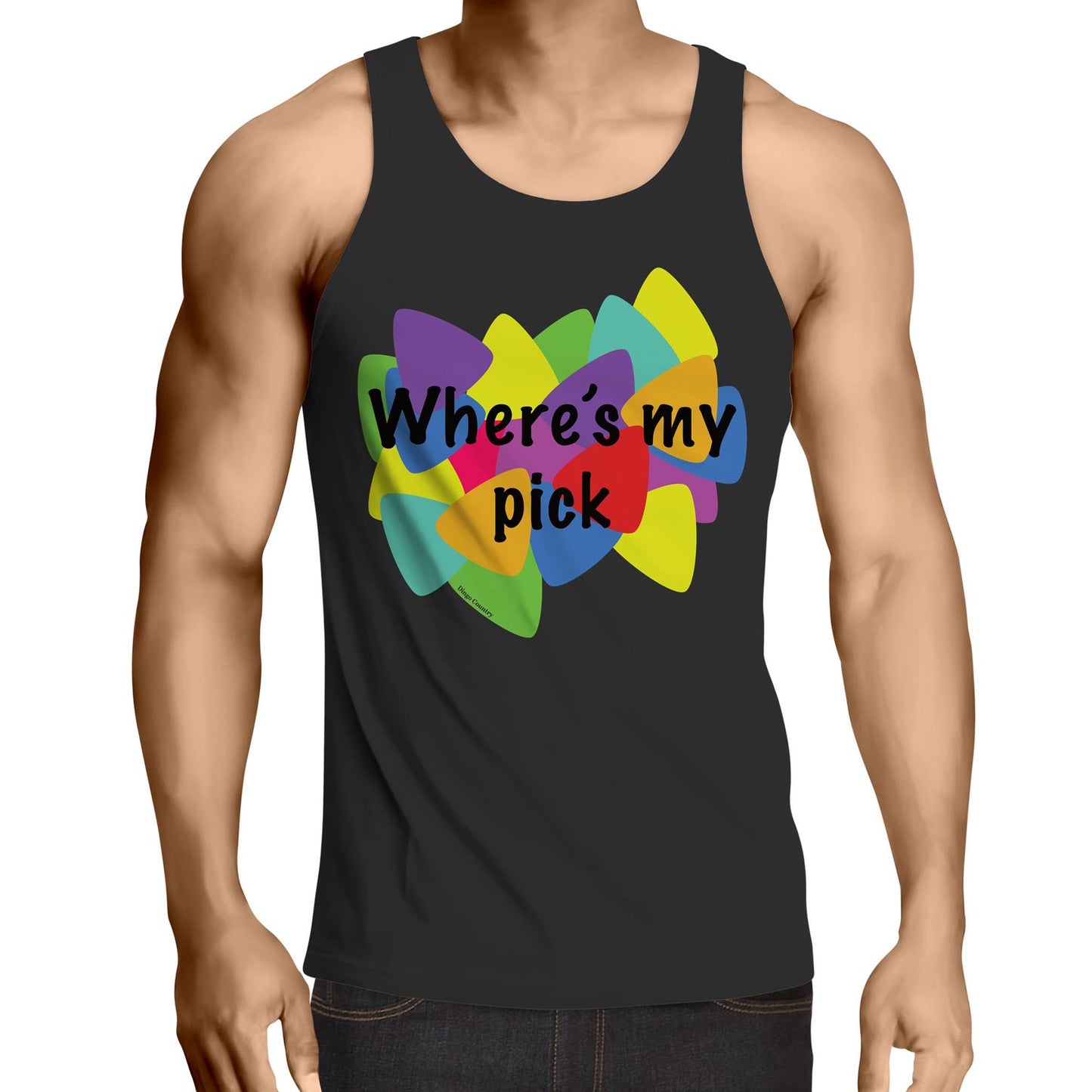 Where's My Pick Men's Singlet Top on a muscular model, showcasing a black tank top with a colourful, central graphic of overlapping guitar picks and the text "Where's my pick" in bold font.