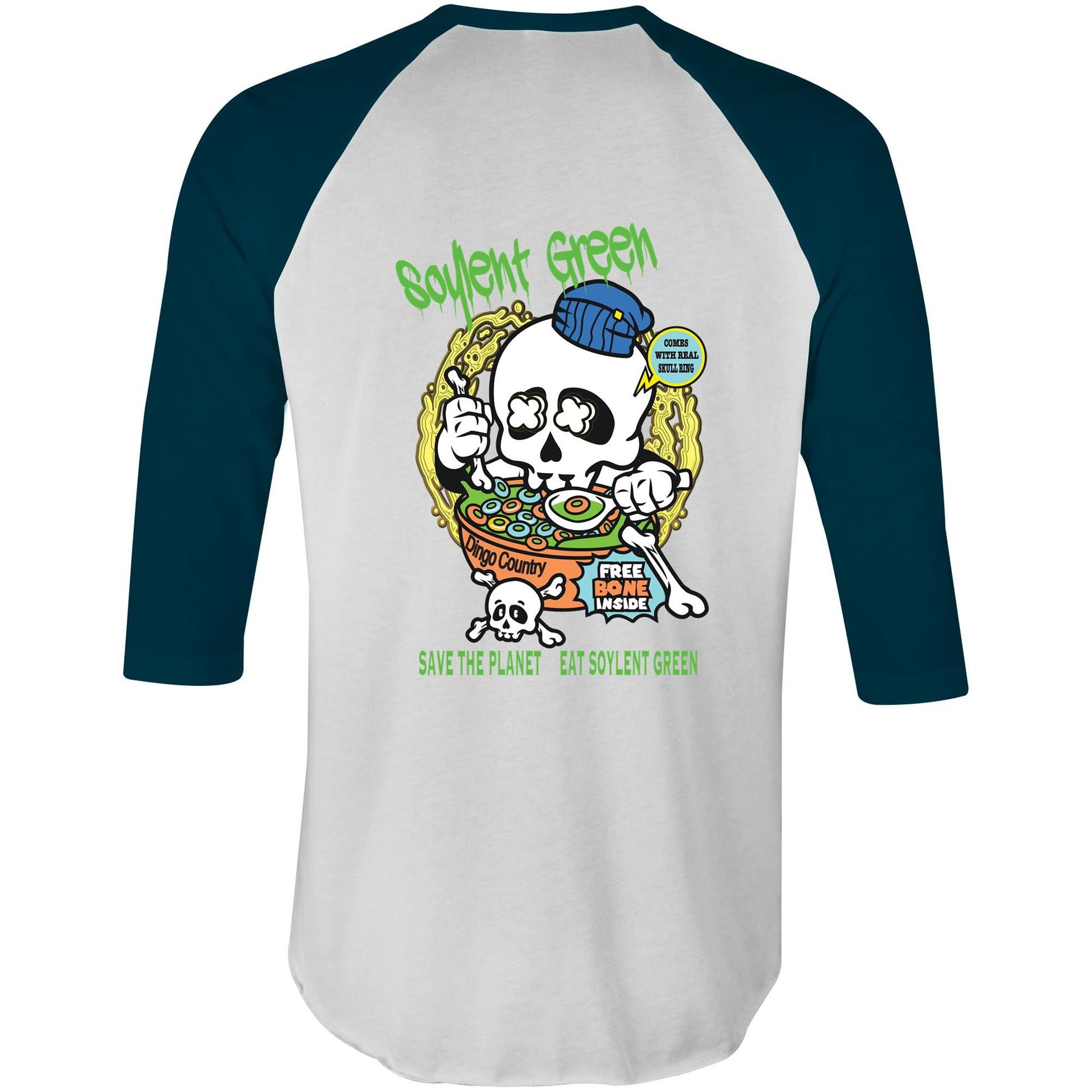 Back of the raglan navy sleeve T-shirt featuring a colourful and playful 'Soylent Green' design, promoting environmentalism with humour and retro flair.