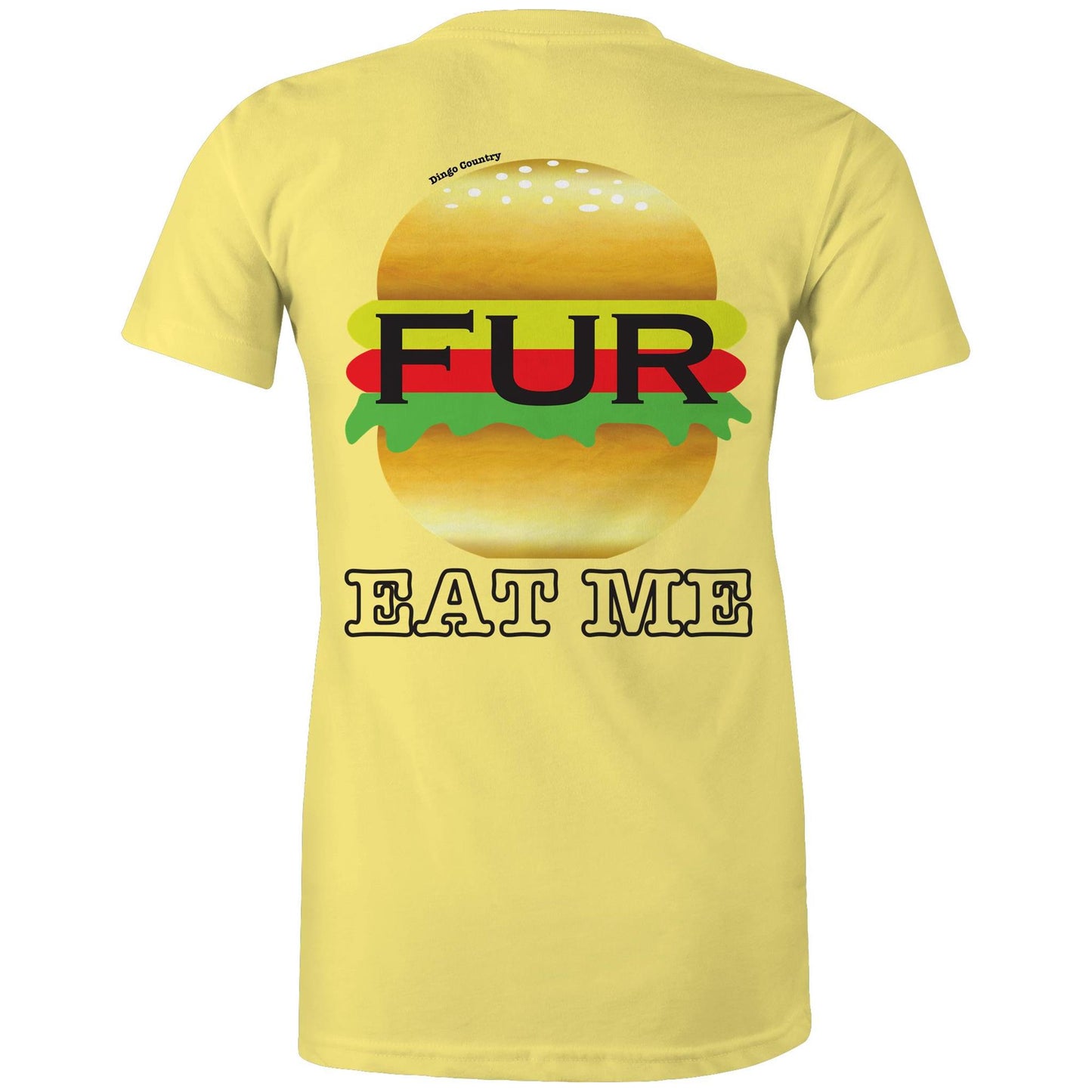 Rear view of Dingo Country's yellow Maple Tee, with the playful 'FUR BURGER EAT ME' burger graphic.