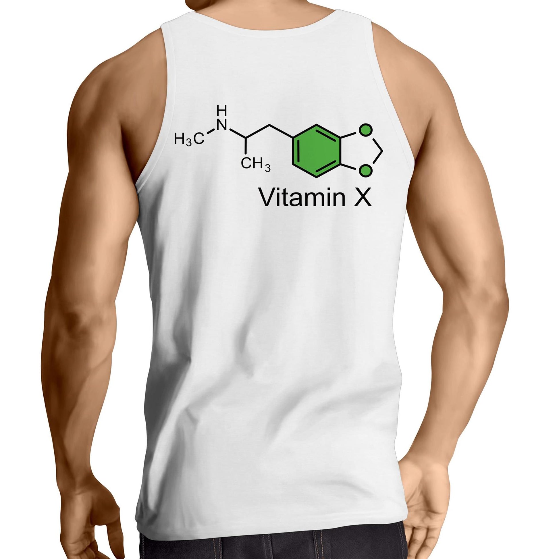 Back view of a men's white singlet showing the MDMA molecule with 'Vitamin X' label, a bold nod to rave culture and chemistry enthusiasts.