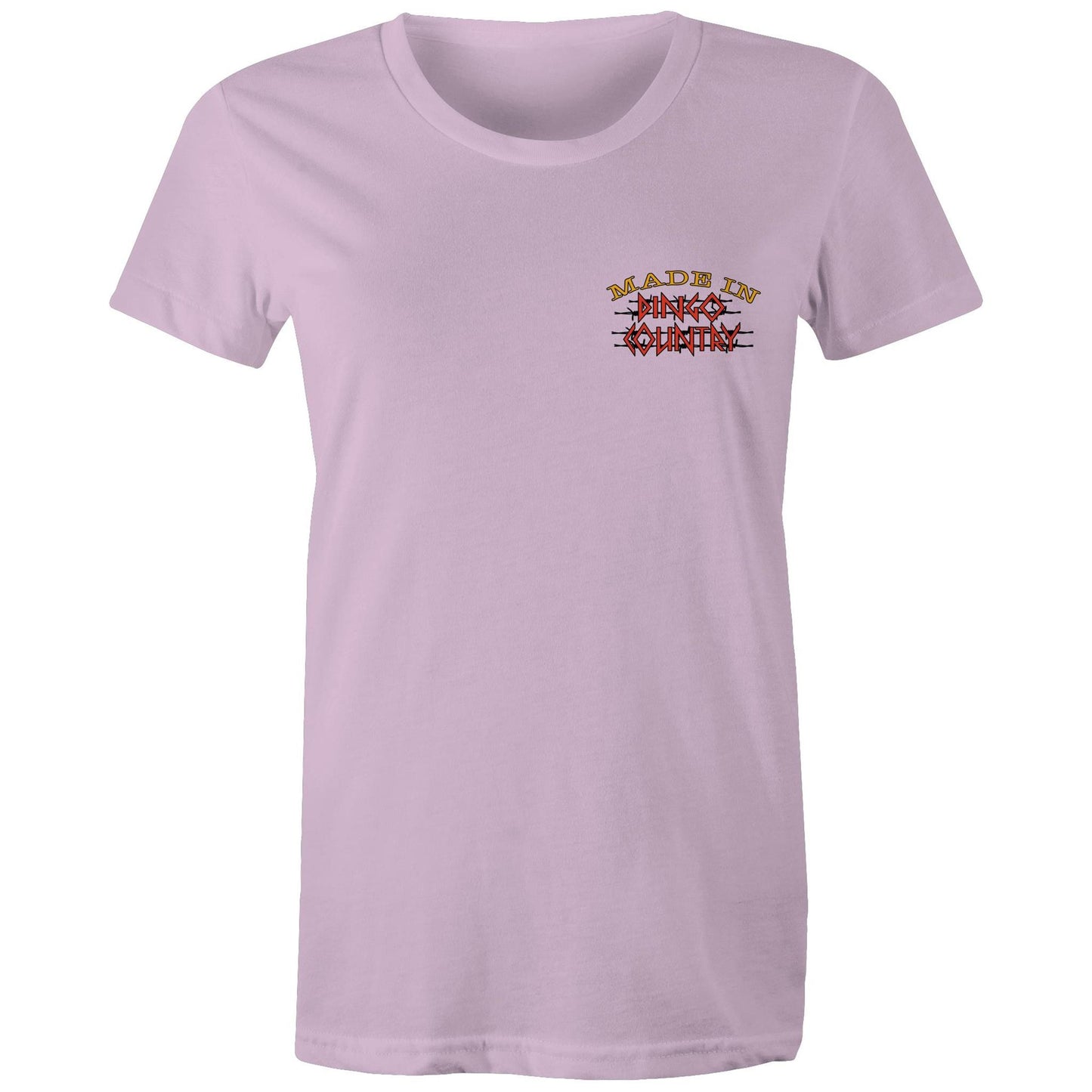 Front view of 'Life’s Short Dance' Women's Maple Tee showcasing the 'Made in Dingo Country' logo in a compact, rustic design on a Pink tee.