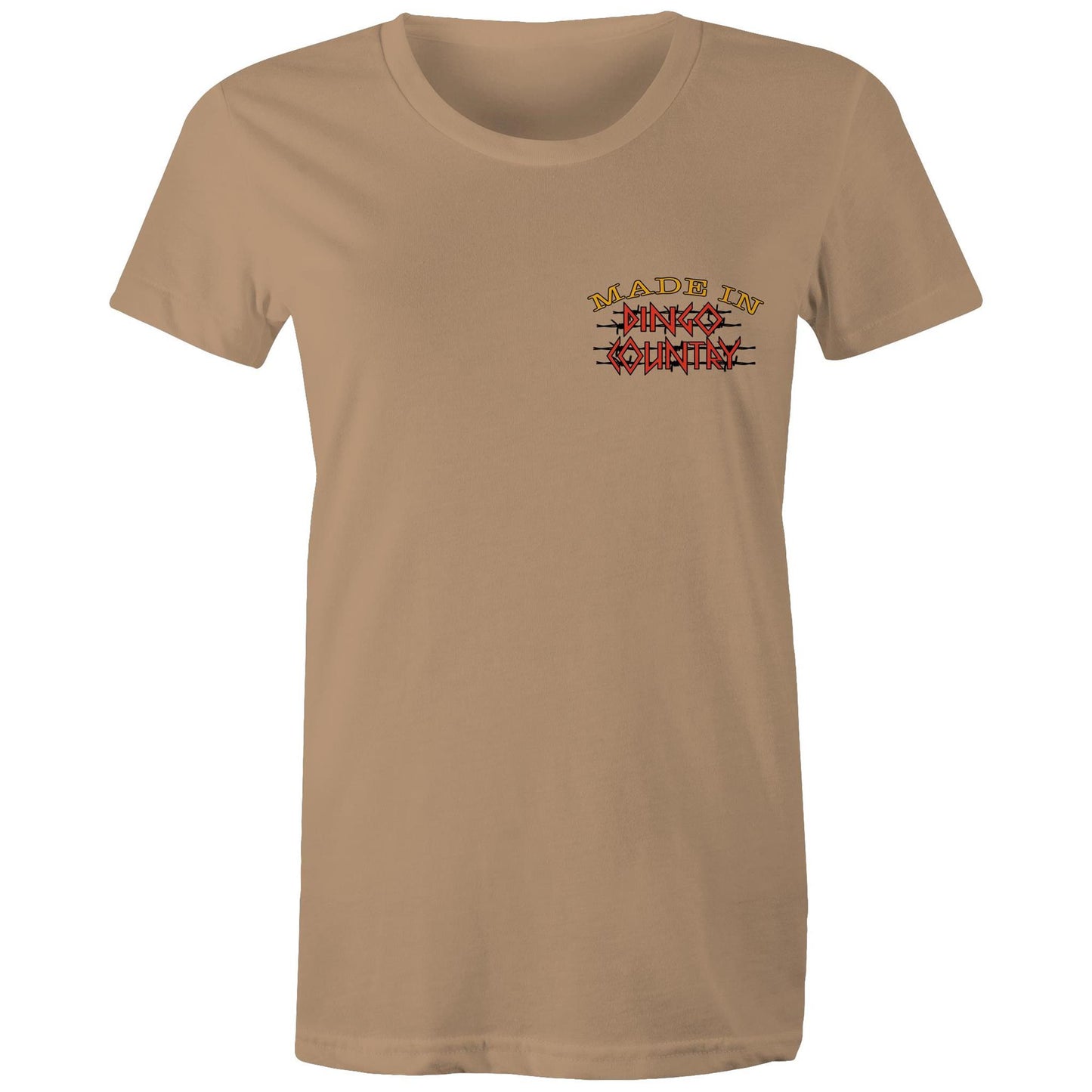 Front view of Dingo Country's tan Maple Tee, featuring the iconic 'Made in Dingo Country' logo.