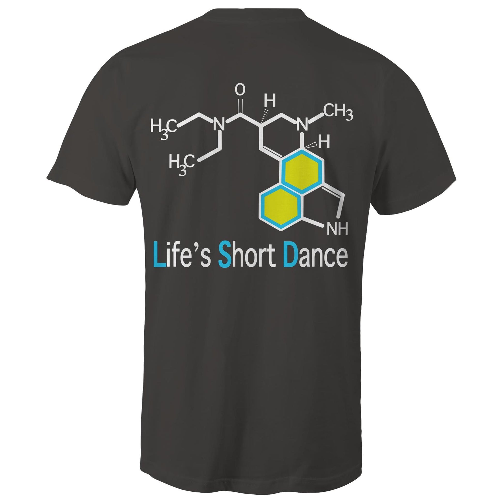 Back view of 'Life’s Short Dance' Men's charcoal T-Shirt featuring an intricate chemical molecule design in white and blue, with the phrase 'Life’s Short Dance' in stylized blue font