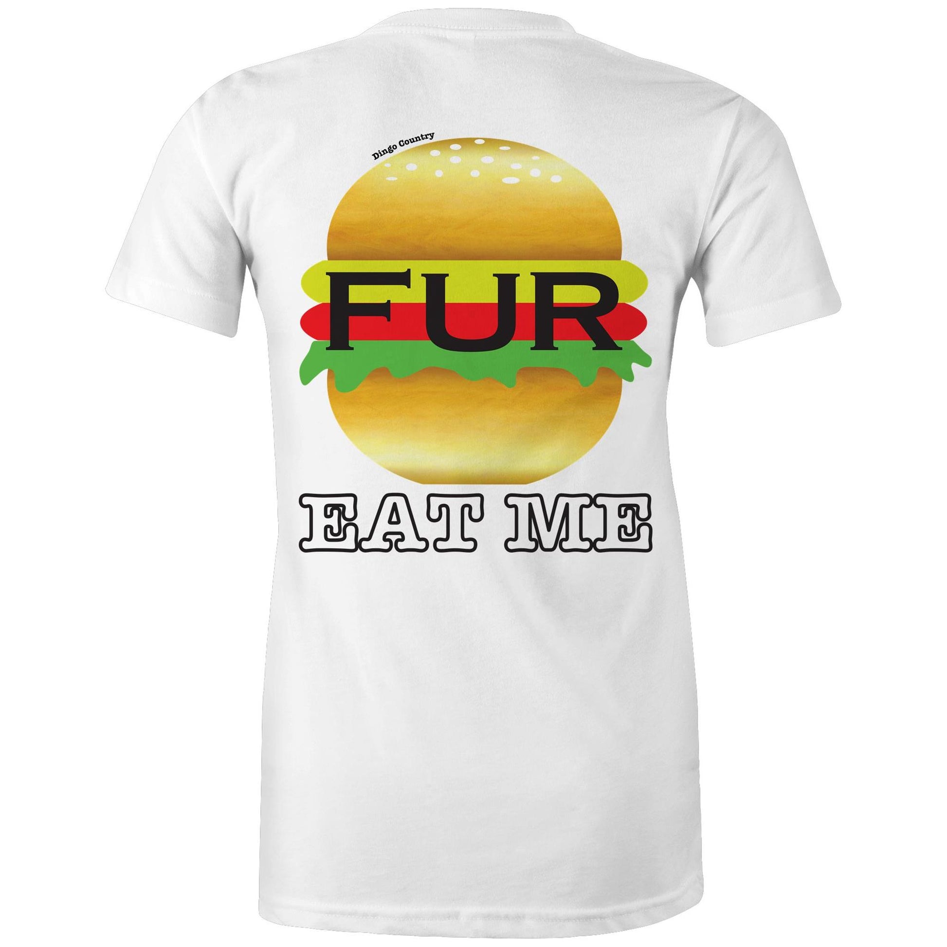 Rear view of Dingo Country's white Maple Tee, with the playful 'FUR BURGER EAT ME' burger graphic.