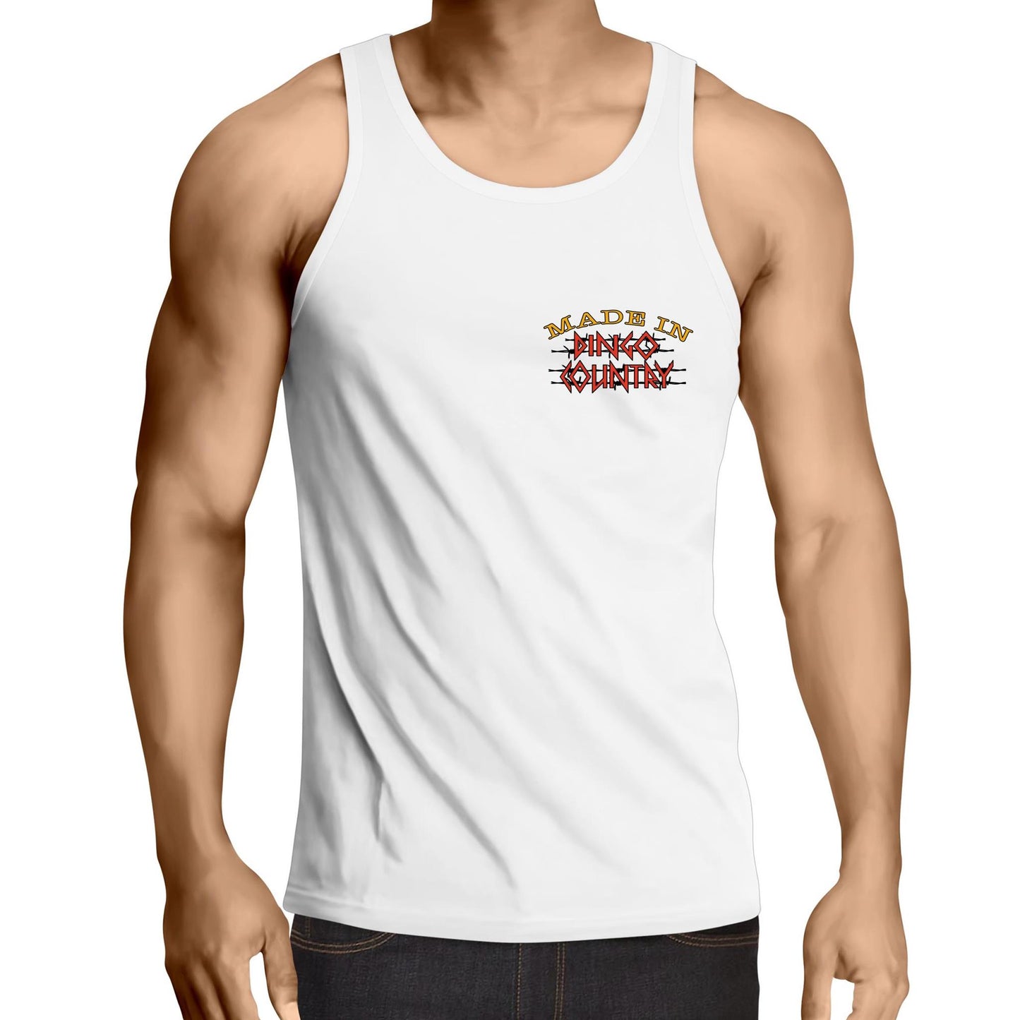 DMT-inspired 'Doin' My Time' men's white singlet front view - Dingo Country