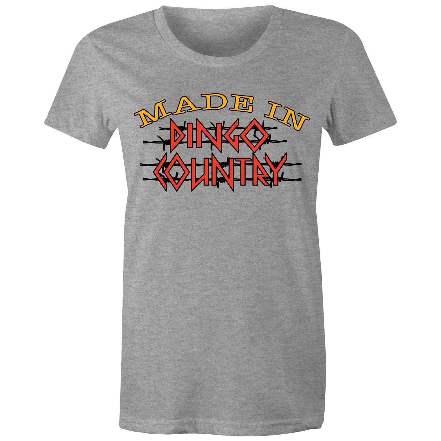 Women's grey maple tee with a large 'Made in Dingo Country' logo on the front, available in 14 vibrant colors