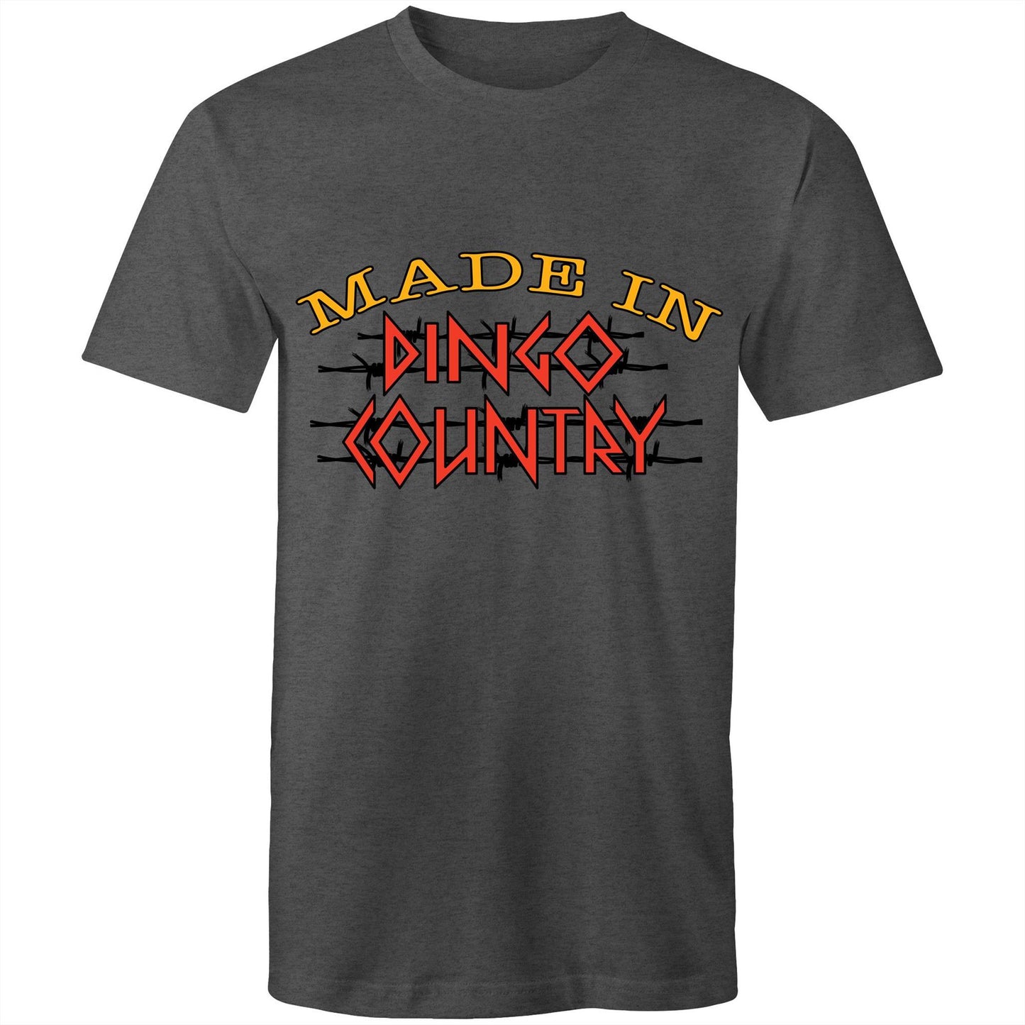 Men's classic asphalt t-shirt emblazoned with 'Made in Dingo Country' logo, available in 11 unique colours to match any style