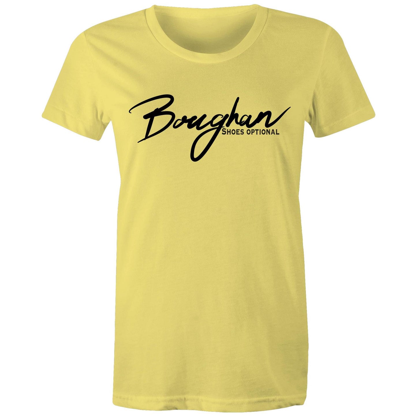 Easy-going yellow Women's Maple Tee with 'Boughan - Shoes Optional' text, offering a blend of comfort and cheeky charm.