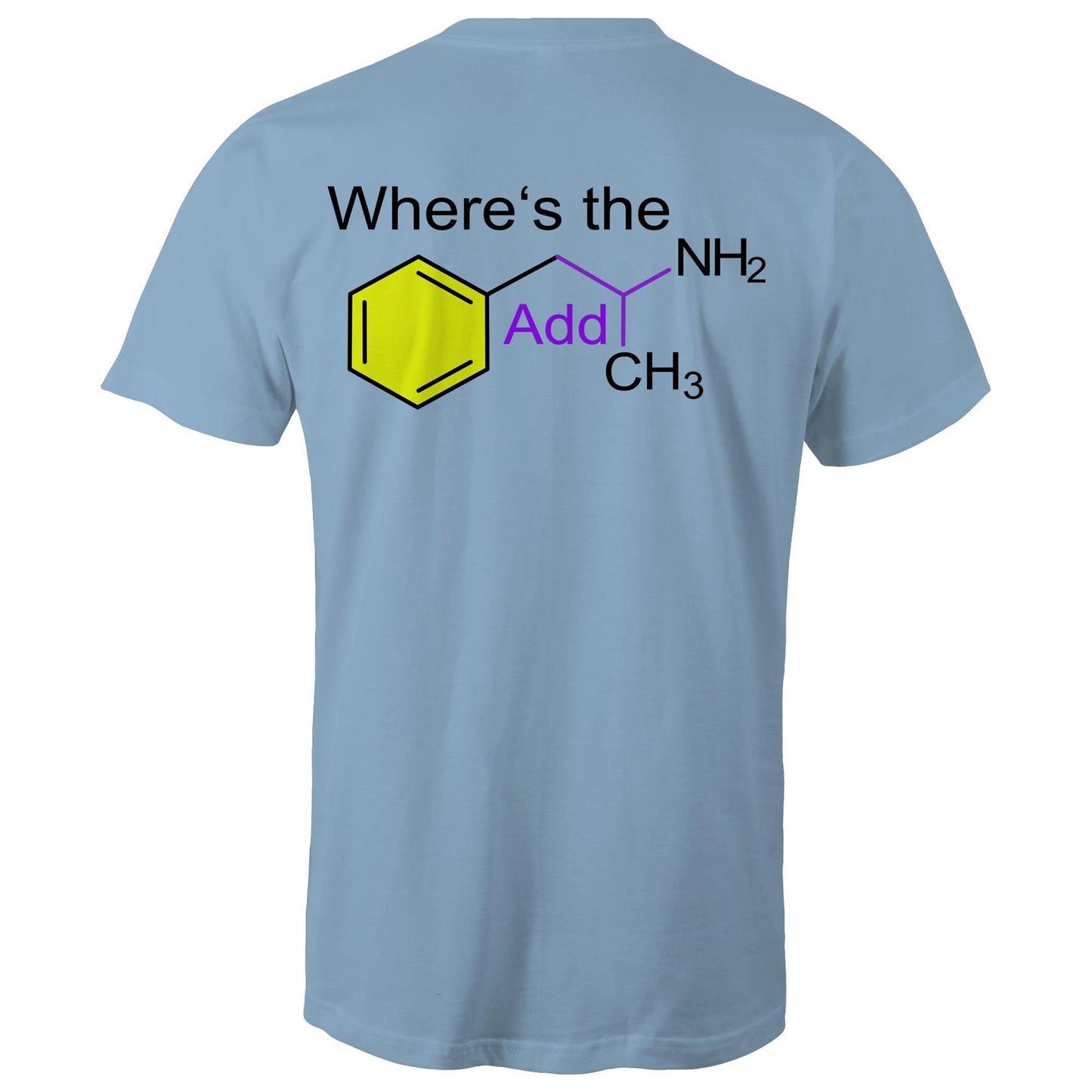 Rear view of a Carolina blue men's t-shirt featuring the playful phrase "Where’s the Addy" intertwined with the molecular structure for mixed amphetamine salts. The chemical elements are highlighted with distinct colours for a striking educational yet cheeky design.