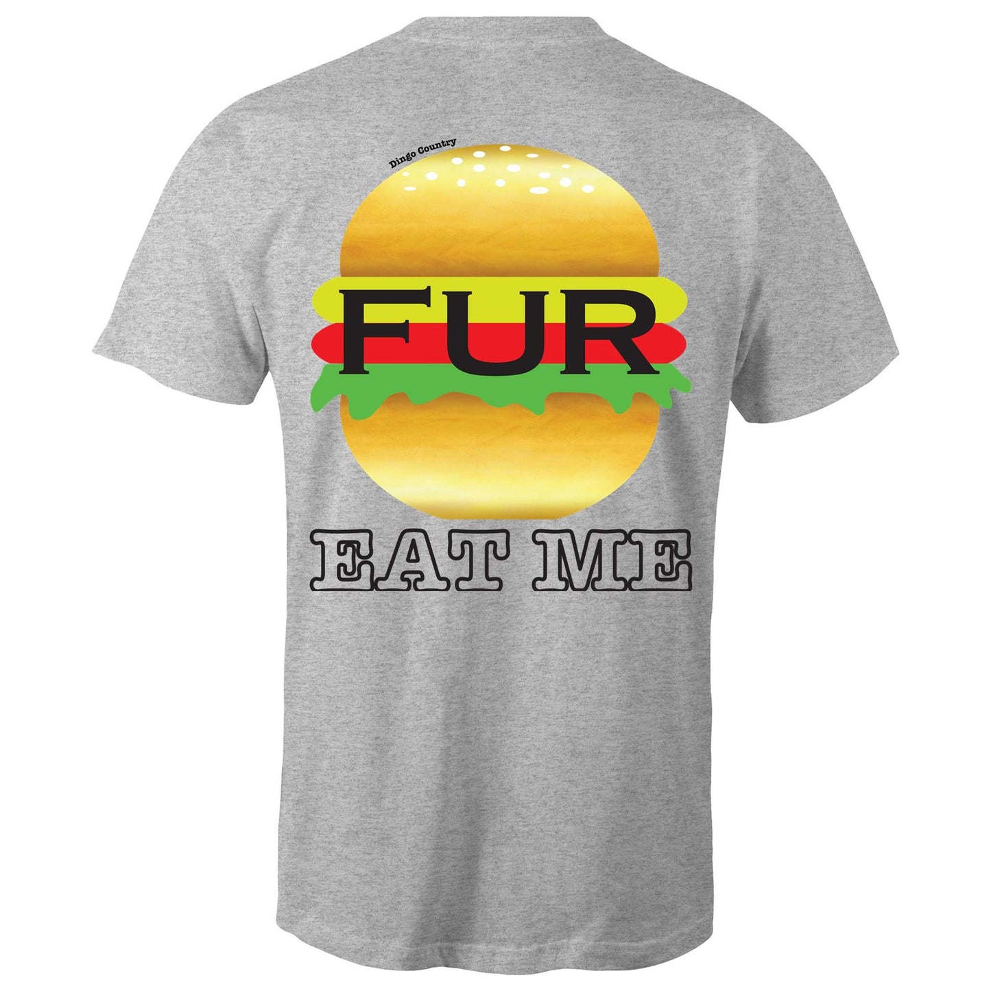 Back of Grey t-shirt displaying a humorous 'EAT ME' text with a stylized Fur burger graphic, blending Australian slang with playful design