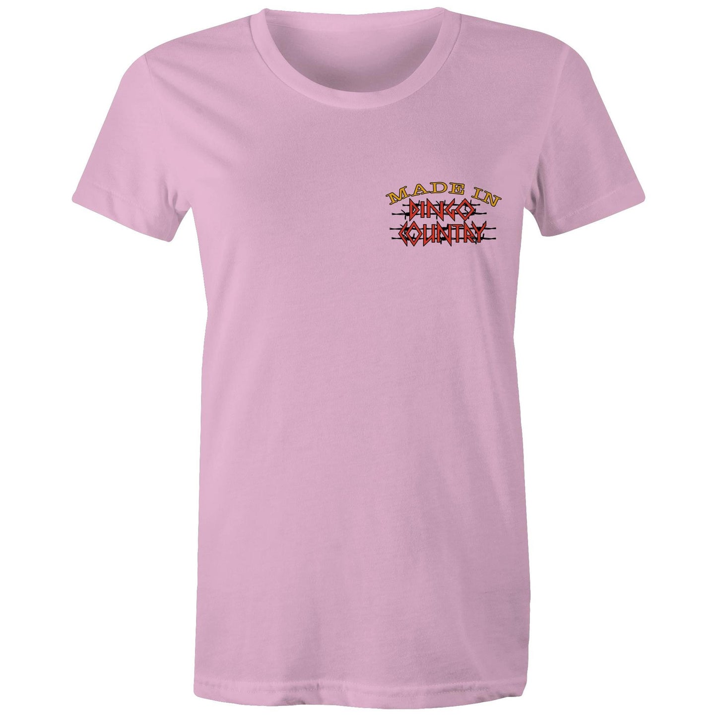 Front view of Dingo Country's pink Maple Tee, featuring the iconic 'Made in Dingo Country' logo.