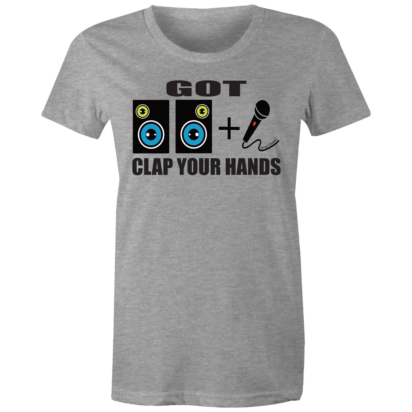 Women's grey maple tee with 'GOT two speakers icon + Mic' icon and 'CLAP YOUR HANDS' text on the front, reflecting Beck's song lyrics