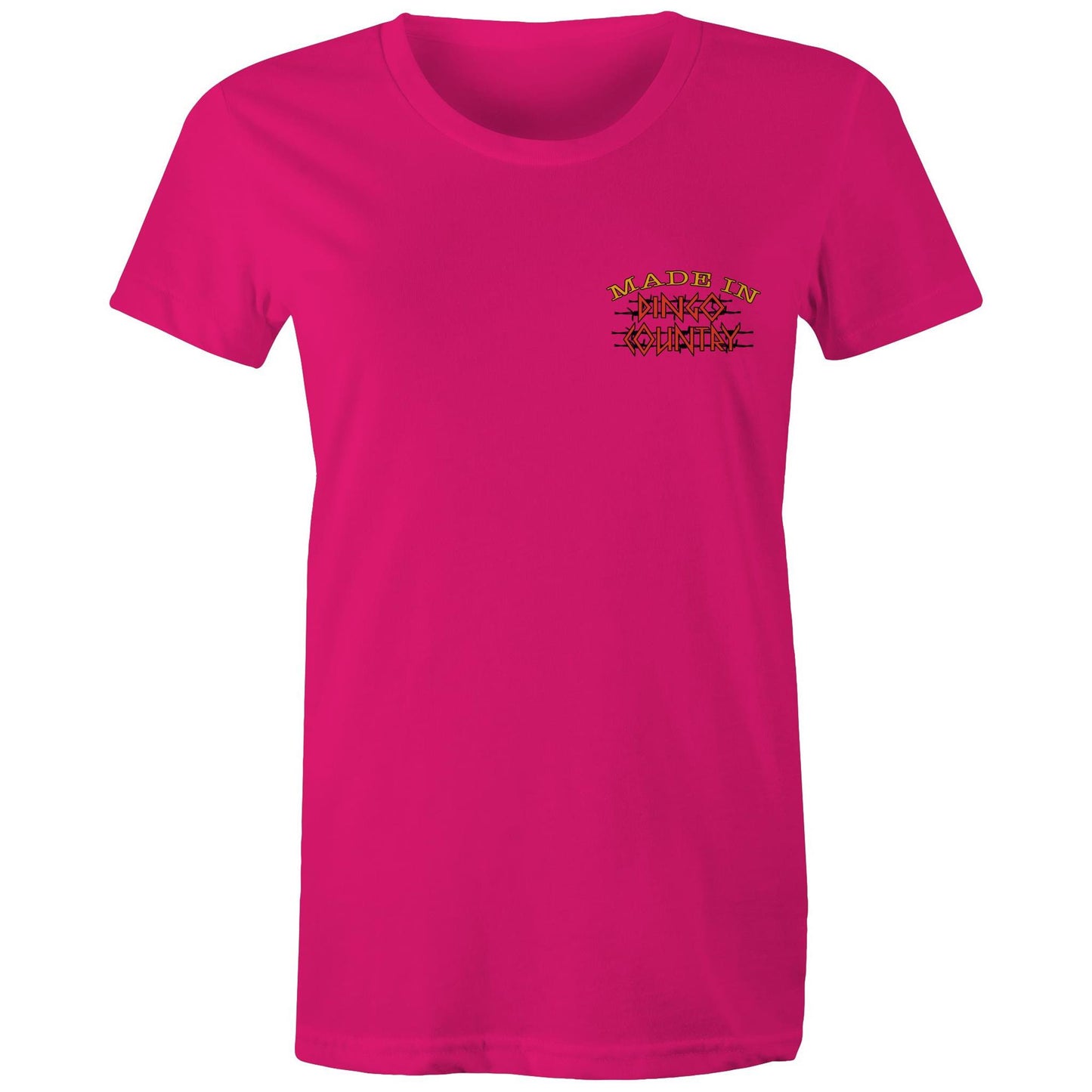 Front view of 'Life’s Short Dance' Women's Maple Tee showcasing the 'Made in Dingo Country' logo in a compact, rustic design on a Fuchsia tee.