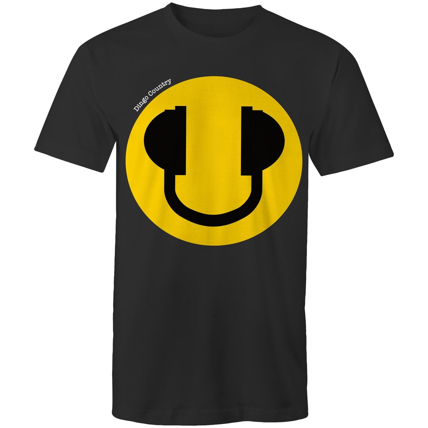 Men's black T-Shirt featuring a large smiley face with headphone design, available in 13 colors, showcasing a playful and music-inspired style from Dingo Country.