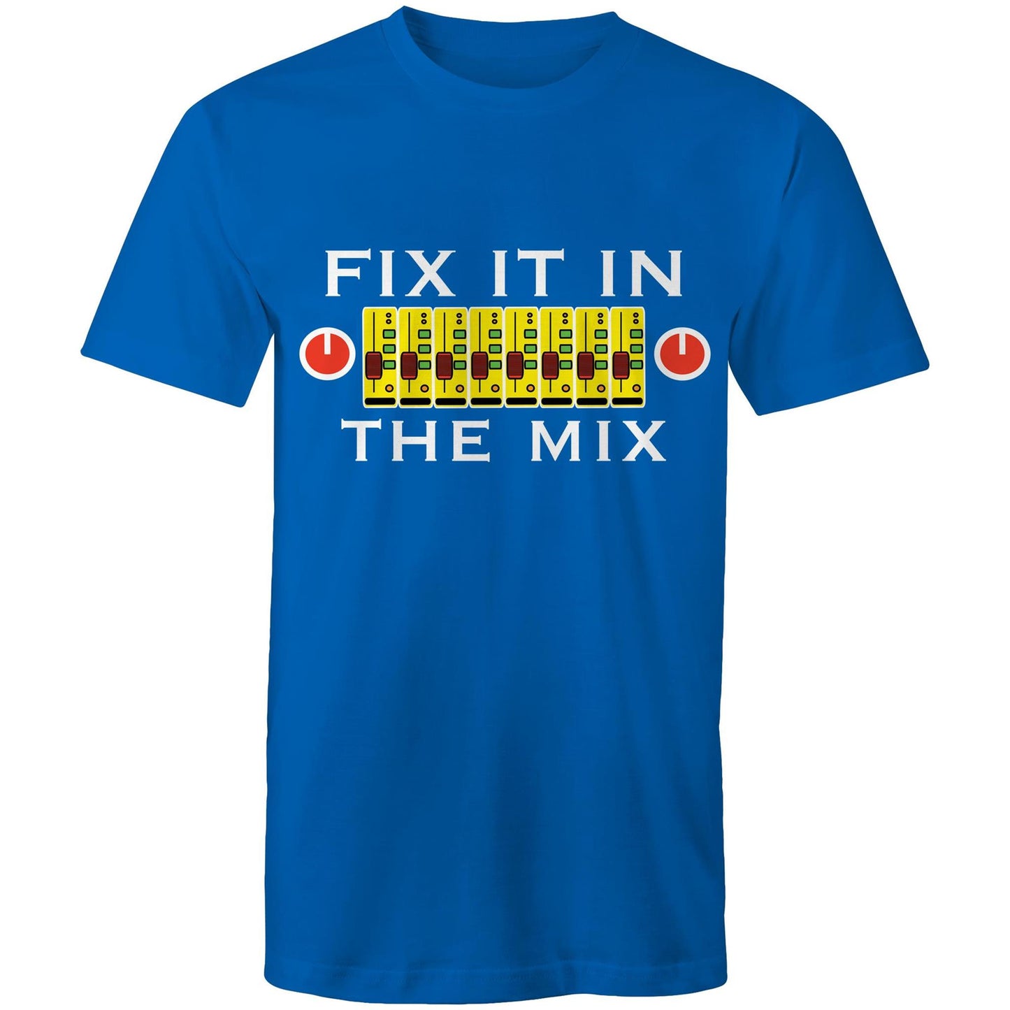 Men's bright royal t-shirt with 'Fix It In The Mix' music mixer design