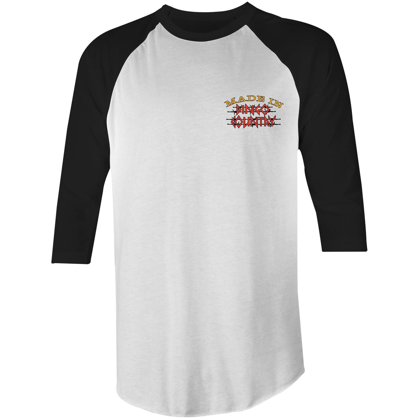 Front view of a 'Life’s Short Dance' Raglan T-Shirt with white torso and black sleeves. A small, vibrant red and orange logo is positioned over the heart area reading "made in dingo country"