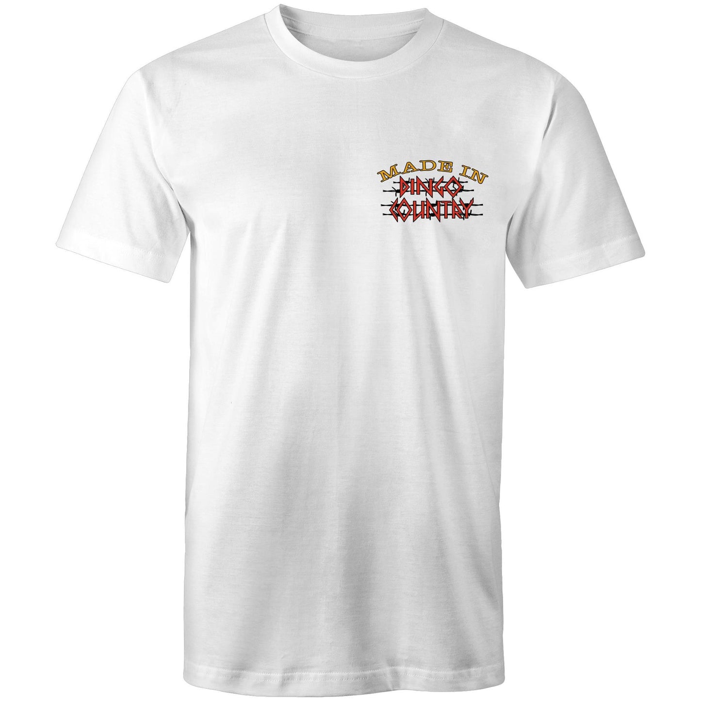 White T-shirt with a small 'Made in Dingo Country' logo on the chest, symbolizing Australian heritage with a minimalist front design.