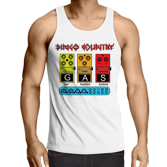 Front view of Dingo Country's GAS Men's Singlet Top white, featuring pedal icons and 'Gear Acquisition Syndrome' text."