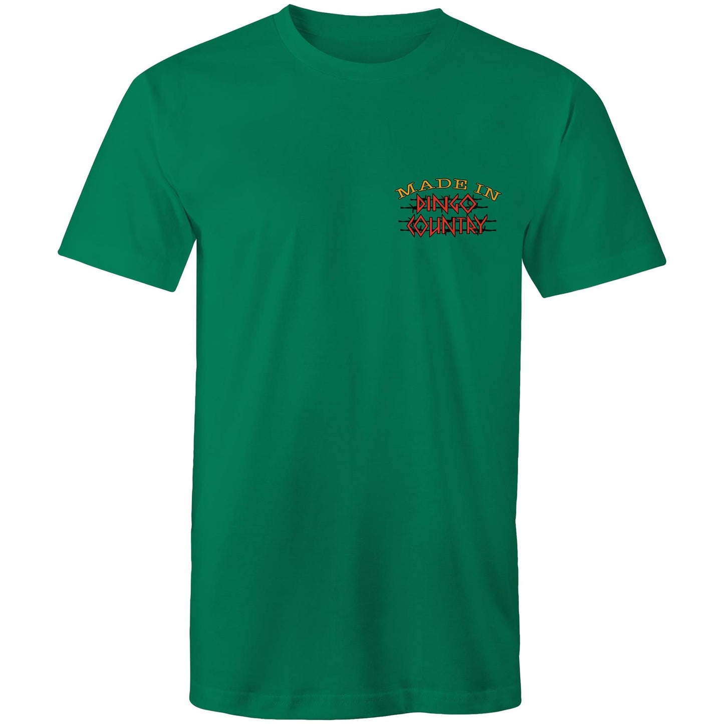 Men's casual kelly green T-shirt with 'Made in Dingo Country' logo on the chest, representing Australian heritage with style.