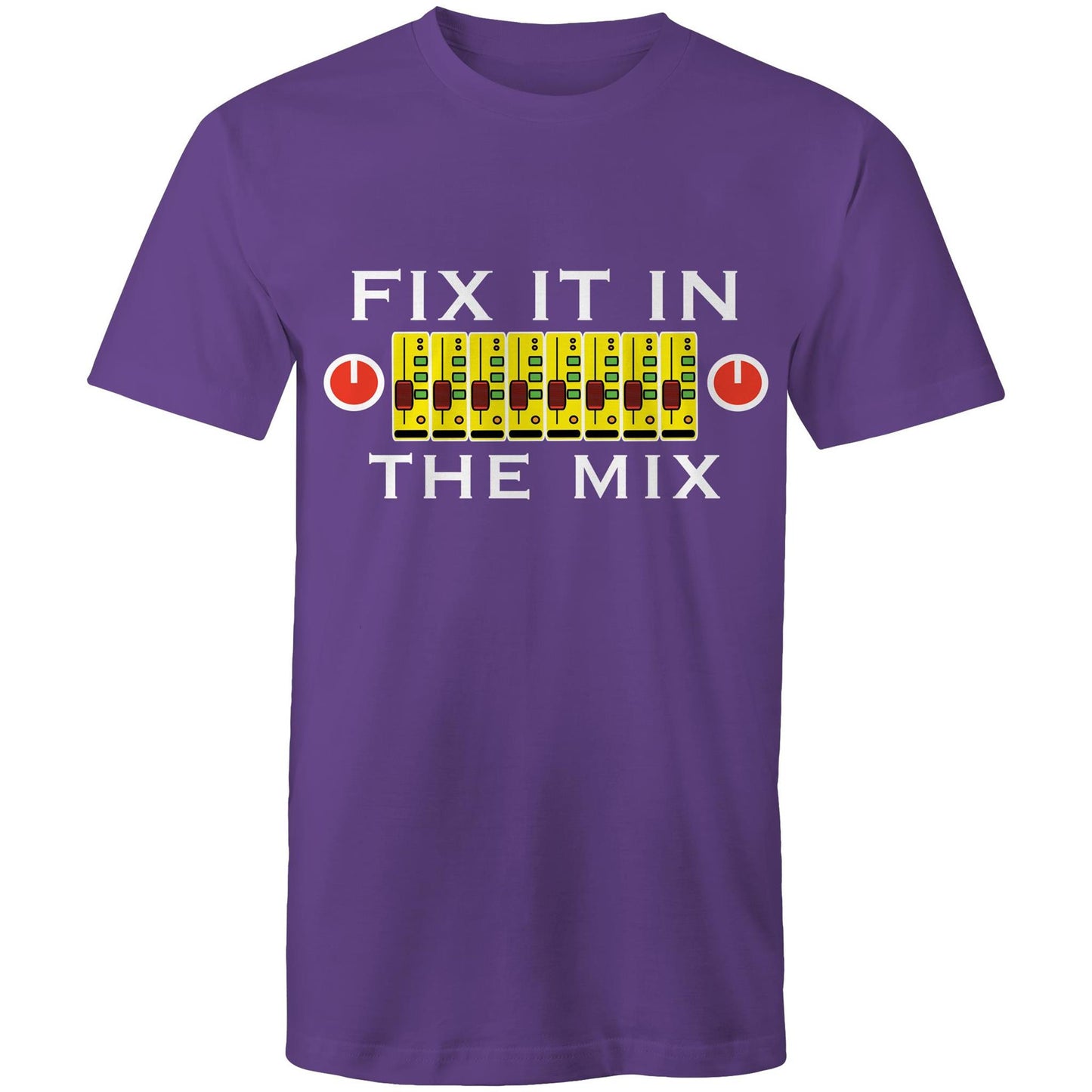 Men's purple t-shirt with 'Fix It In The Mix' music mixer design