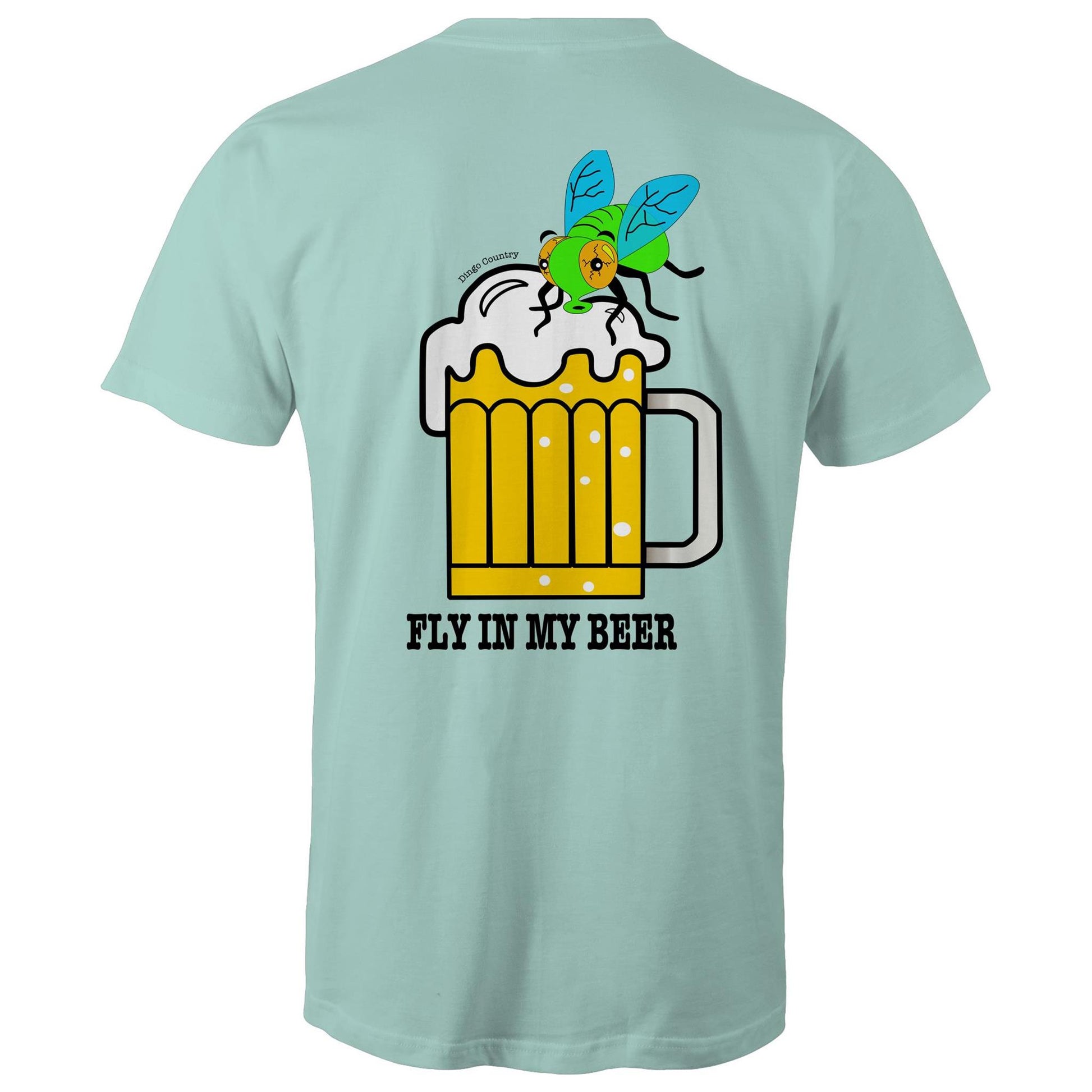 Back view of 'Fly in My Beer' Men's T-Shirt by Dingo Country in aqua – showcasing a playful graphic of a beer mug with a fly on top and the witty phrase 'Fly in My Beer' in bold letters, symbolising the Aussie outdoor drinking experience.