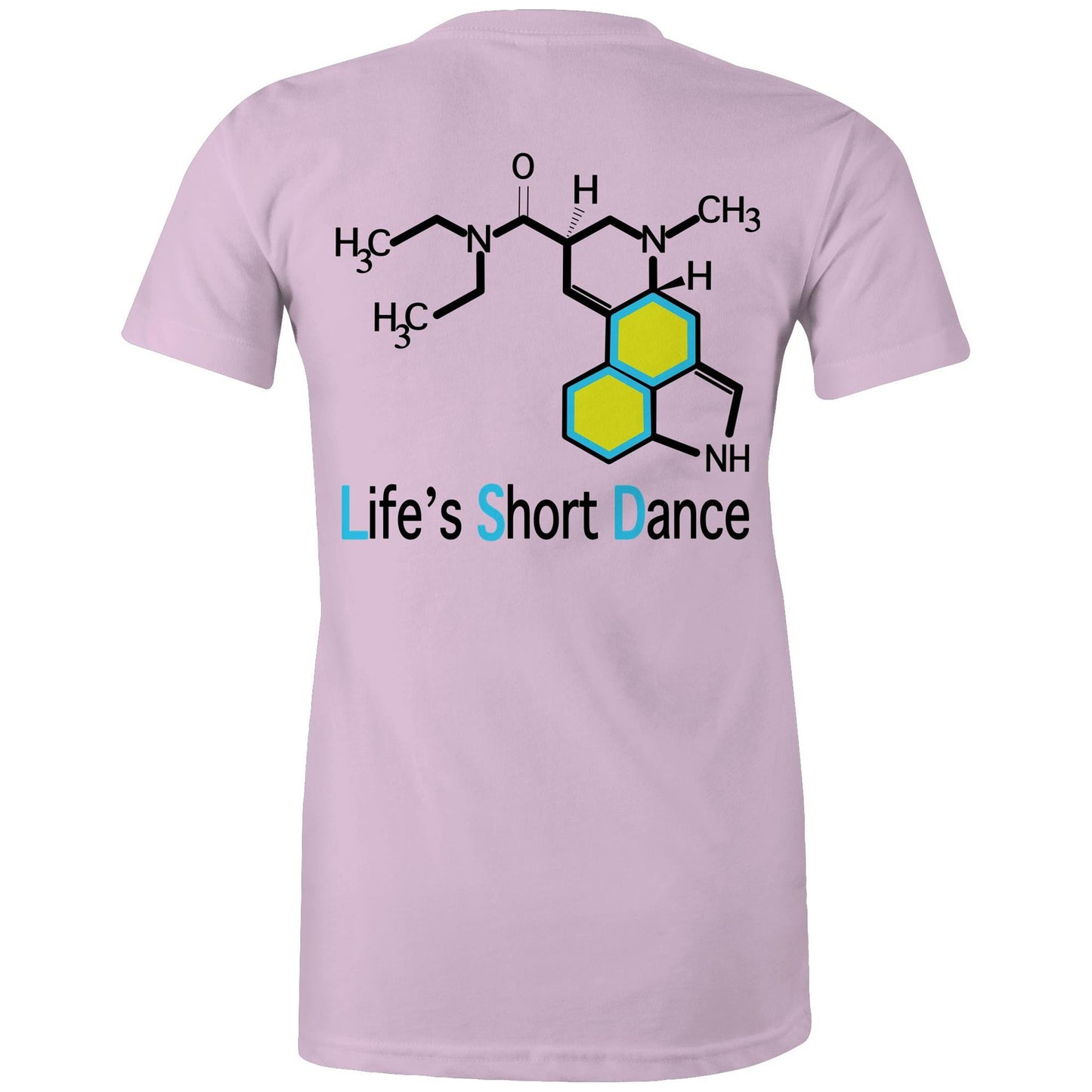 Back view of 'Life’s Short Dance' Women's Lavender Maple Tee displaying the large molecular graphic and the slogan "life's short dance"