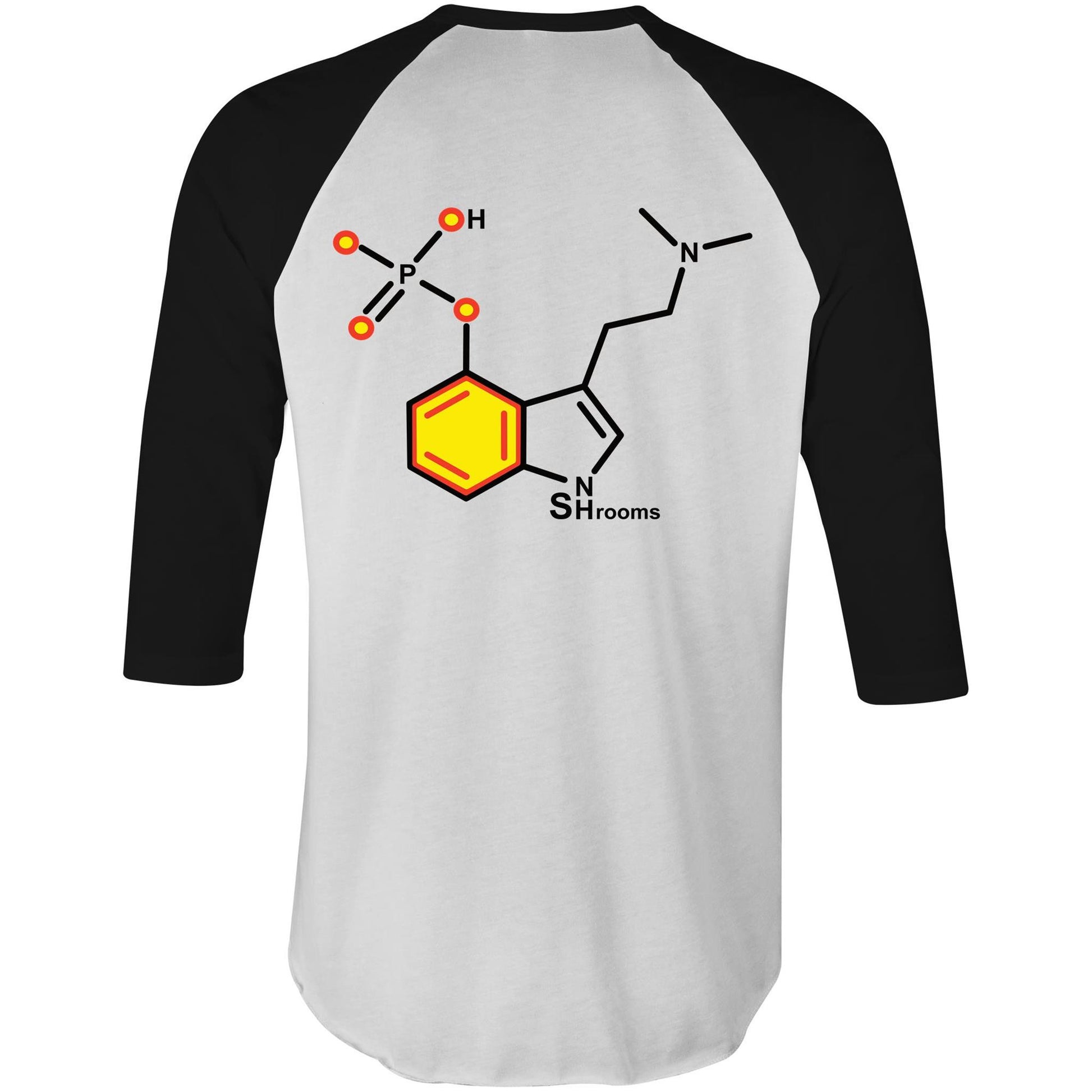 Back of the raglan black sleeve T-shirt showcasing the yellow-highlighted Psilocybin molecule structure, marrying the world of mycology with everyday style.