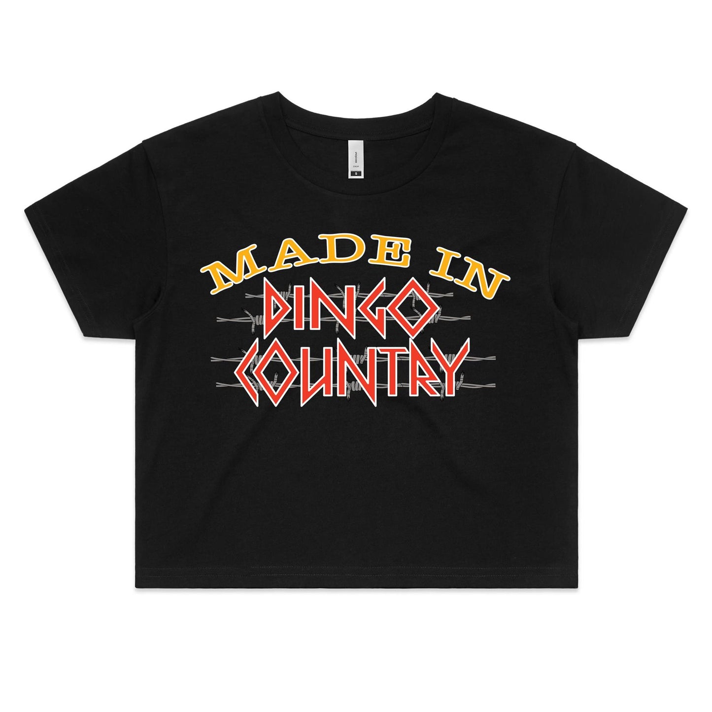 Women's black crop tee with 'Made in Dingo Country' print in vibrant yellow and red lettering, showcasing Australian pride