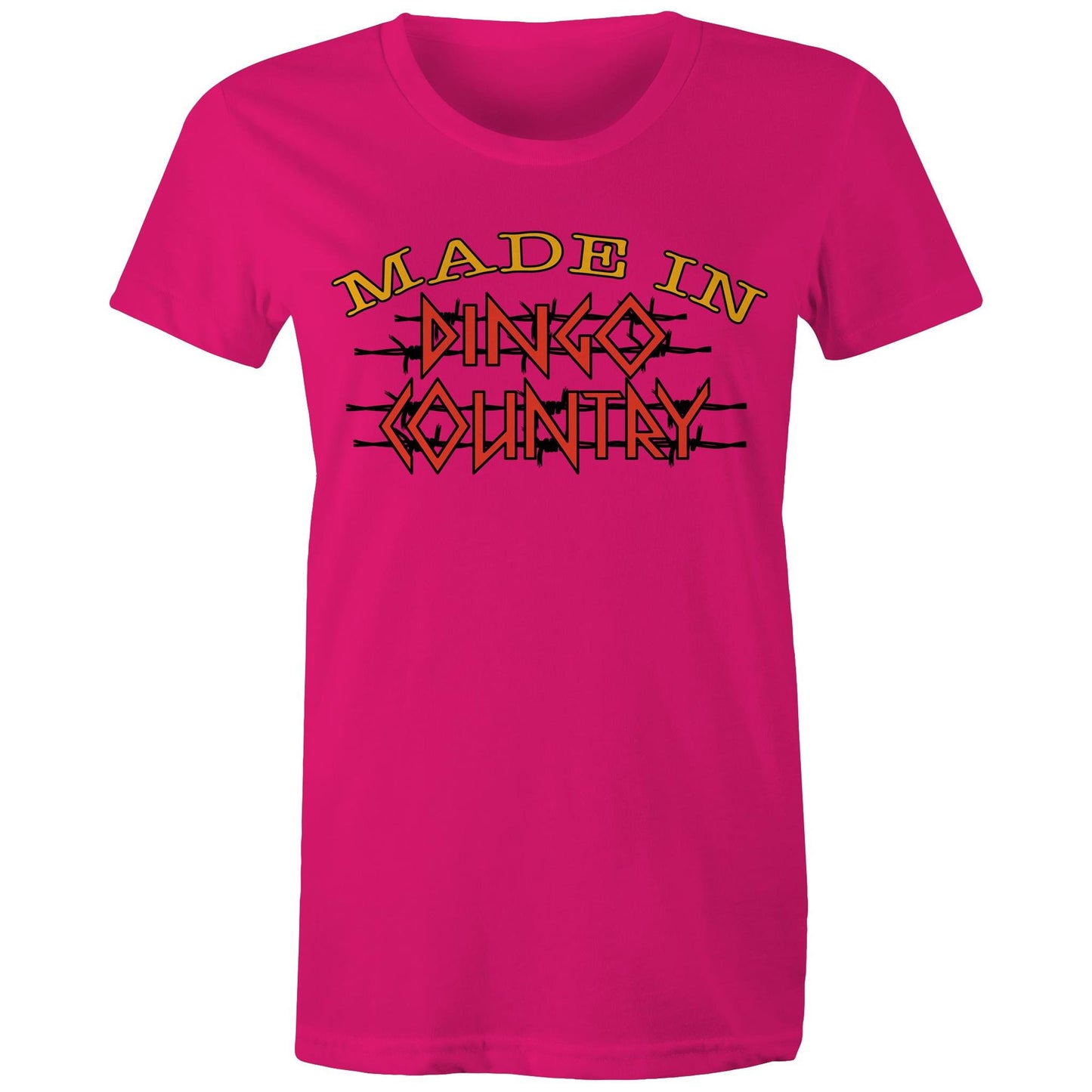 Women's fuchsia maple tee with a large 'Made in Dingo Country' logo on the front, available in 14 vibrant colors