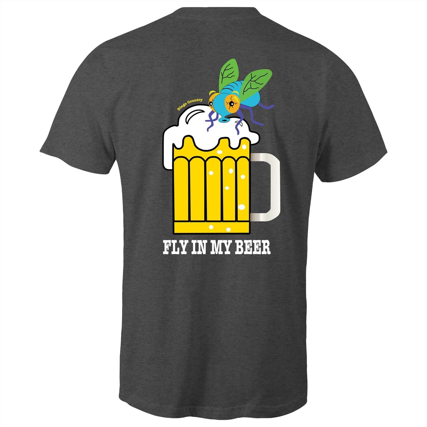 Back view of 'Fly in My Beer' Men's T-Shirt by Dingo Country in asphalt marle – showcasing a playful graphic of a beer mug with a fly on top and the witty phrase 'Fly in My Beer' in bold letters, symbolising the Aussie outdoor drinking experience.