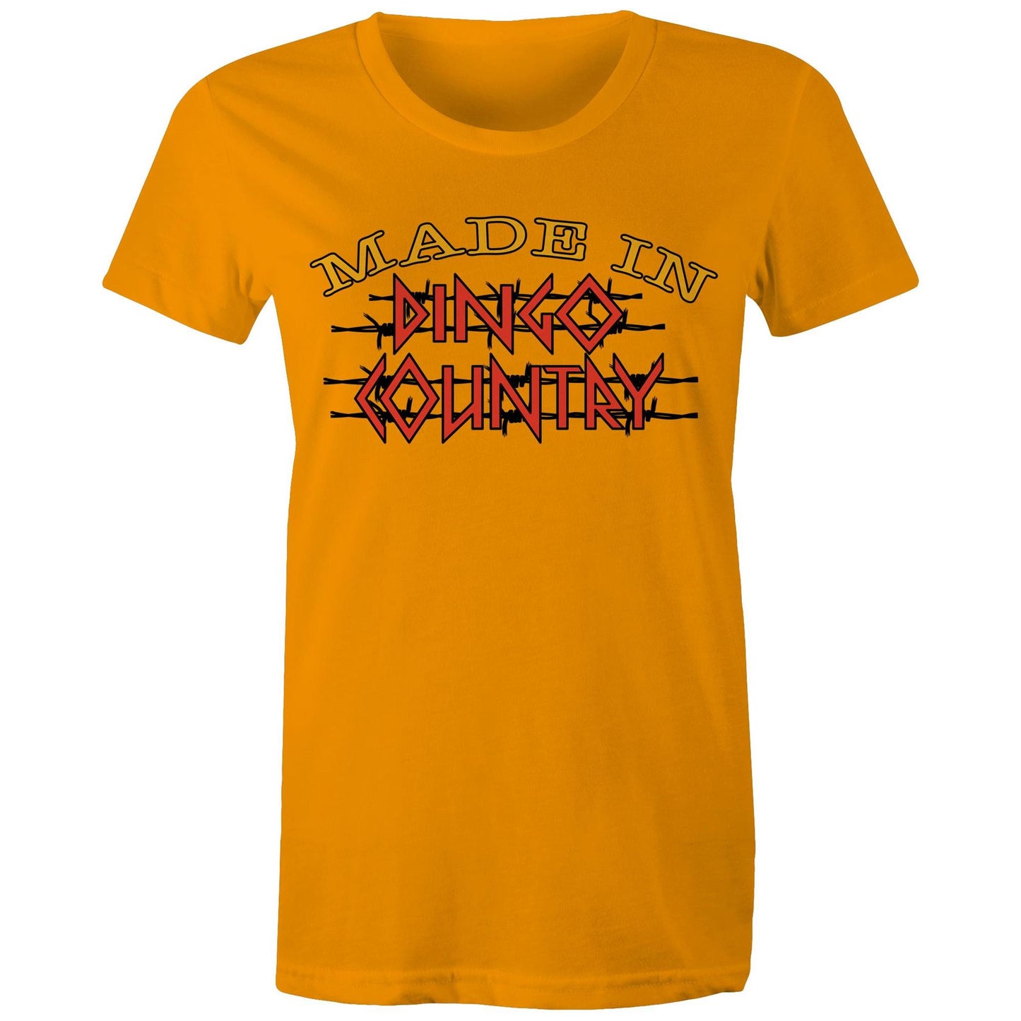 Women's orange maple tee with a large 'Made in Dingo Country' logo on the front, available in 14 vibrant colors