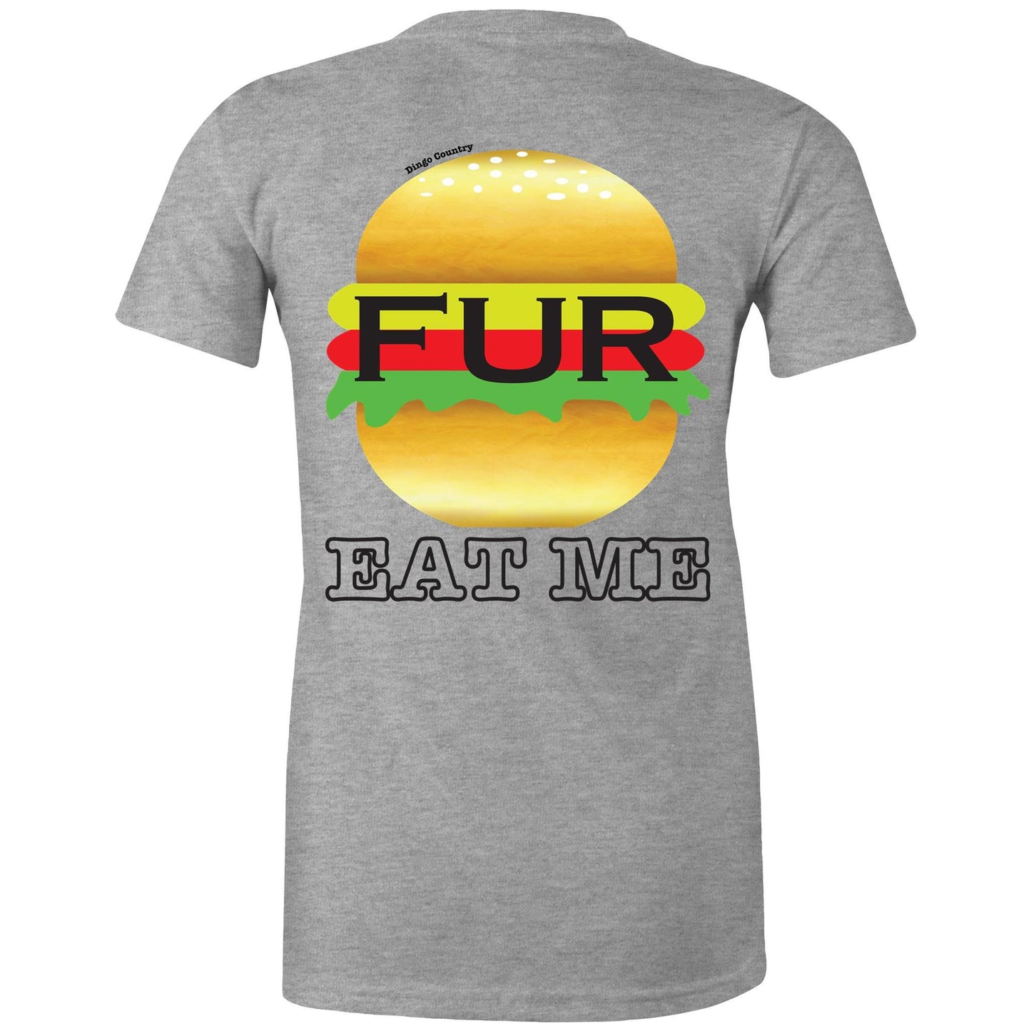 Rear view of Dingo Country's grey Maple Tee, with the playful 'FUR BURGER EAT ME' burger graphic.