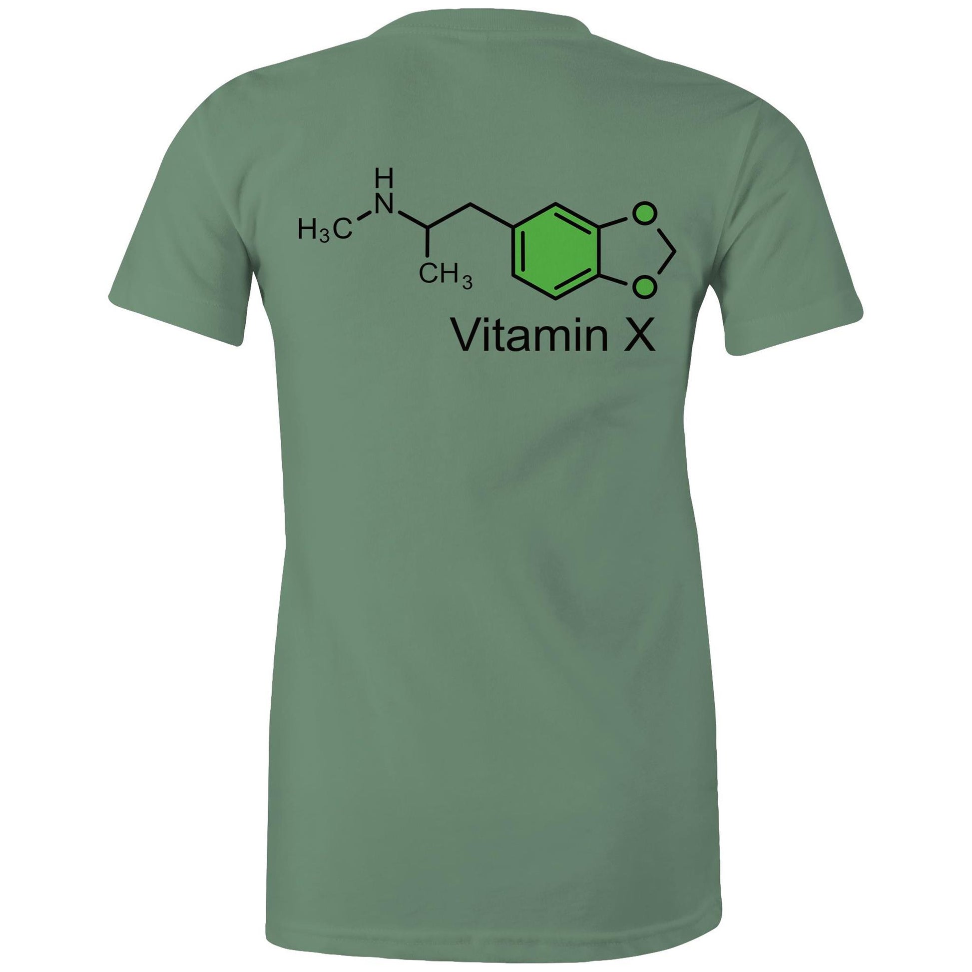 Chemical structure of MDMA, labeled "Vitamin X" on the back of a sage women's maple tee.