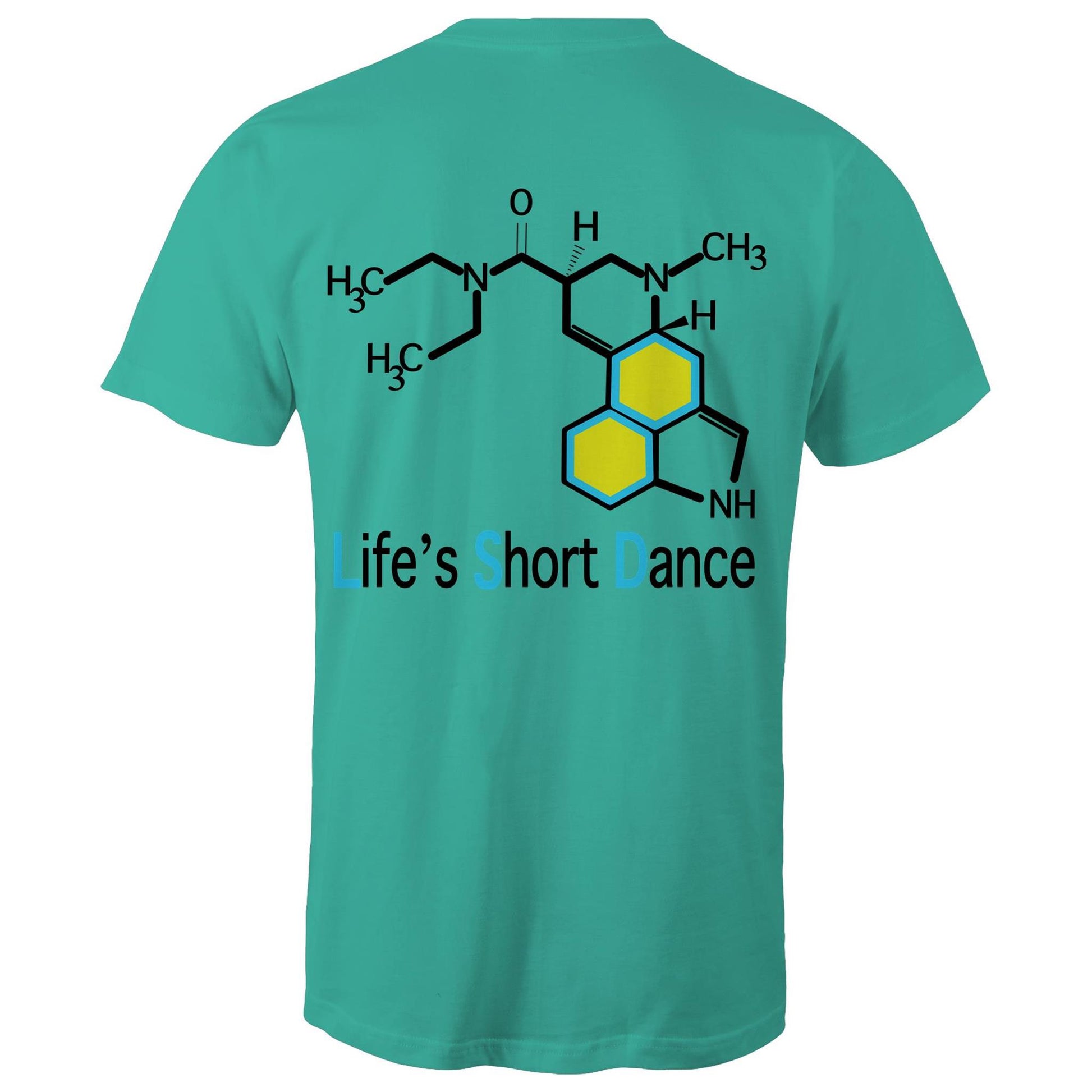 Back view of 'Life’s Short Dance' Men's Teal T-Shirt featuring an intricate chemical molecule design in black and blue, with the phrase 'Life’s Short Dance' in stylized blue font