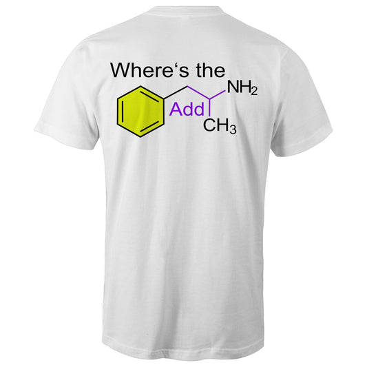 Rear view of a white men's t-shirt featuring the playful phrase "Where’s the Addy" intertwined with the molecular structure for mixed amphetamine salts. The chemical elements are highlighted with distinct colours for a striking educational yet cheeky design.