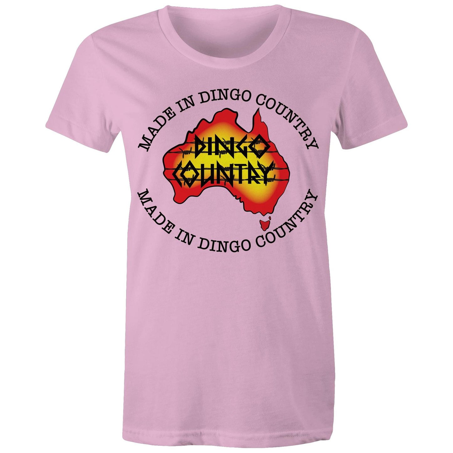 Women's Dingo Country Australia map t-shirt in pink, available in 16 colors, with 'Made in Dingo Country' text for a proud Australian look.