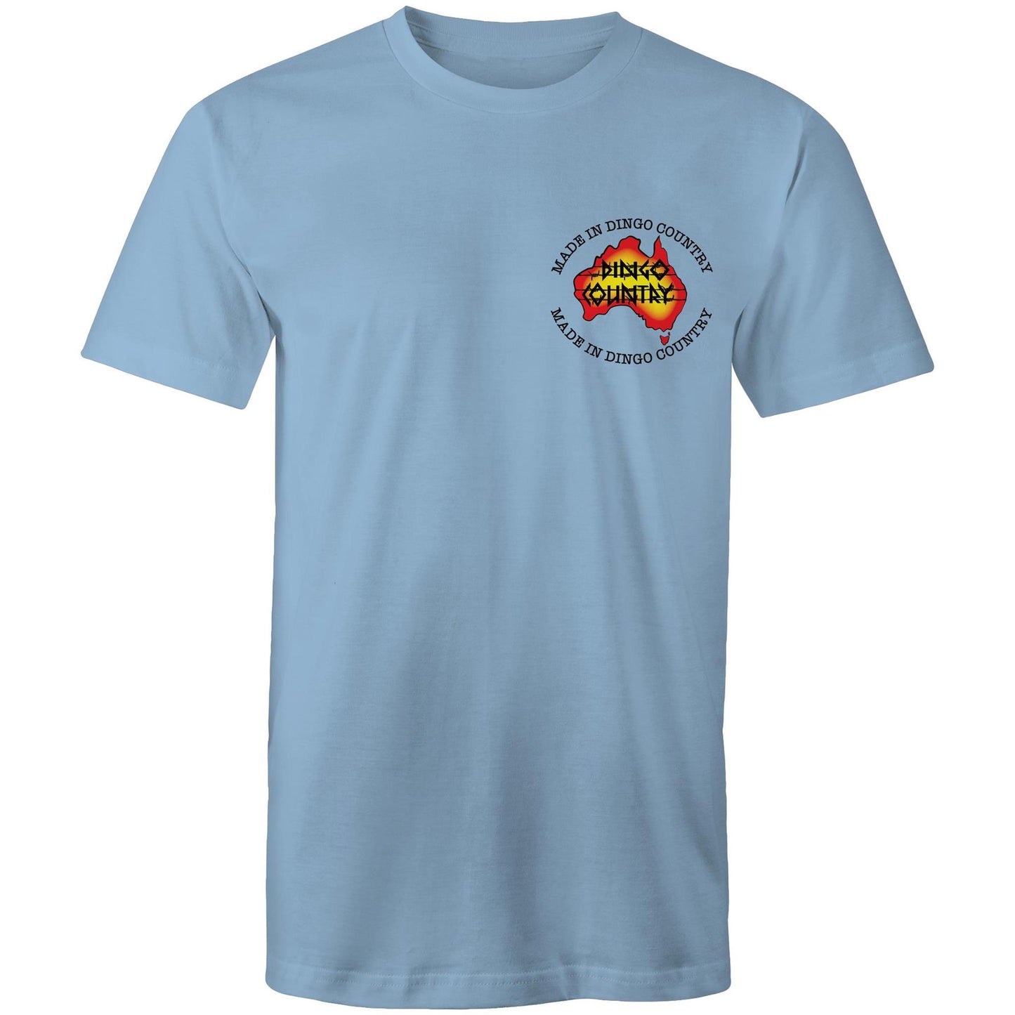 Carolina blue t-shirt with 'Made in Dingo Country' logo on the chest in vibrant Australian colors.