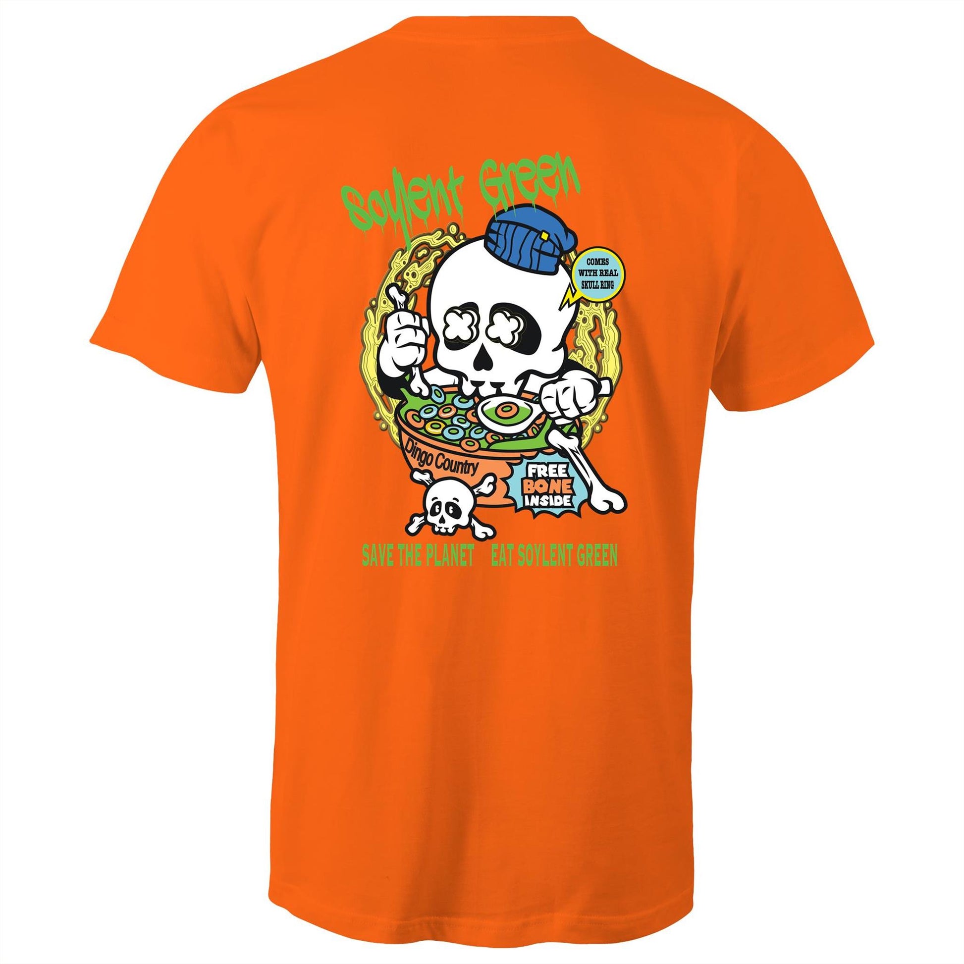 Rear view of a orange T-shirt featuring a colourful 'Soylent Green' graphic with a skull eating cereal, highlighting an environmental message with a twist of dark humour.