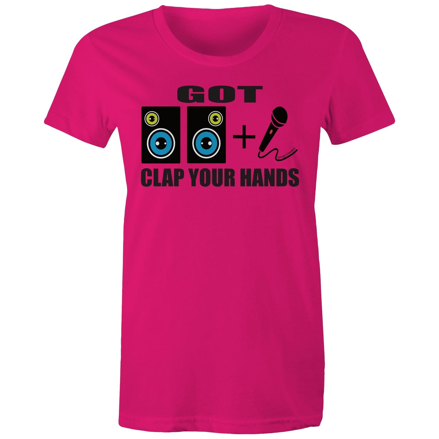 Women's fuchsia maple tee with 'GOT two speakers icon + Mic' icon and 'CLAP YOUR HANDS' text on the front, reflecting Beck's song lyrics