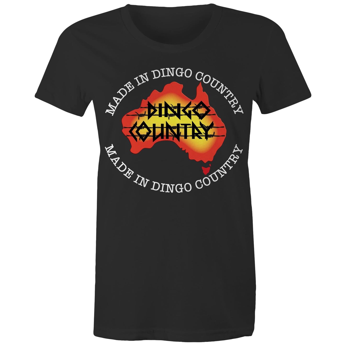 Women's Dingo Country Australia map t-shirt in black, available in 16 colors, with 'Made in Dingo Country' text for a proud Australian look.