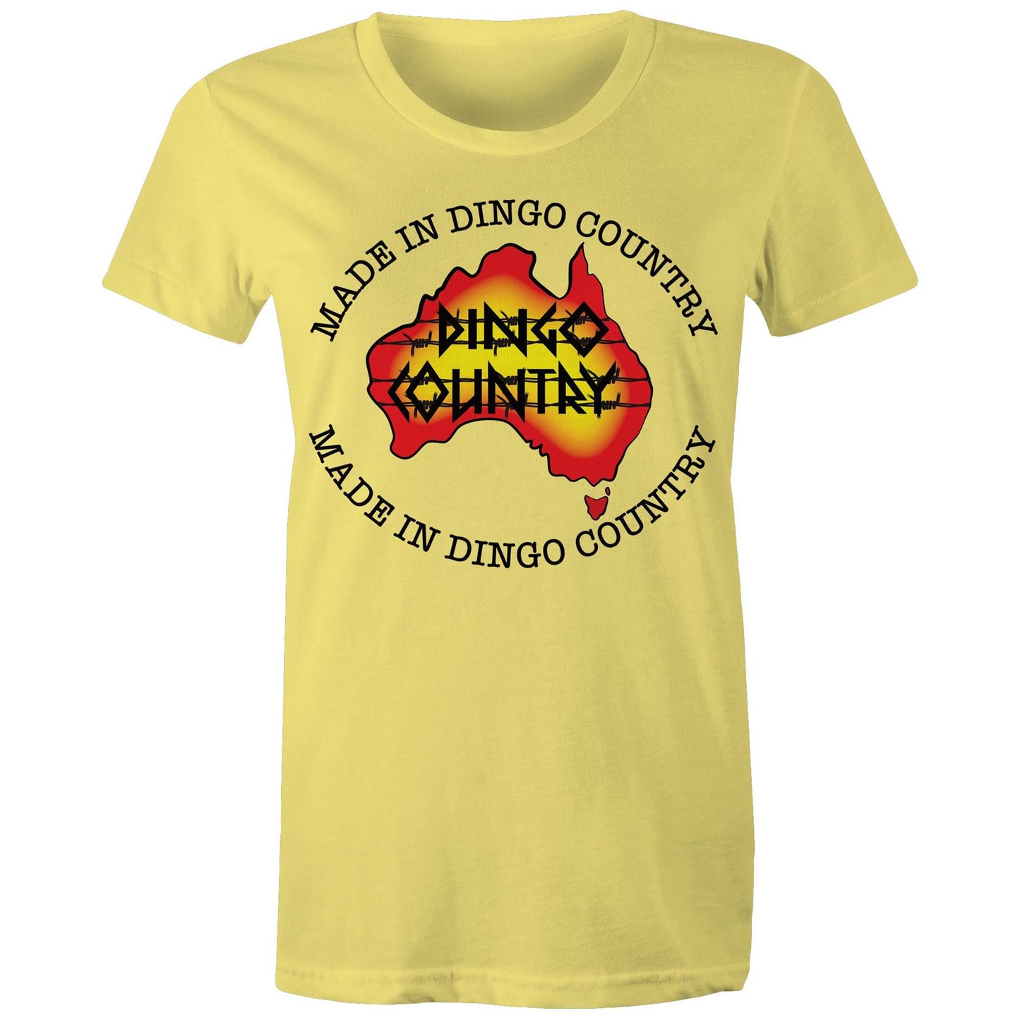 Women's Dingo Country Australia map t-shirt in yellow, available in 16 colours, with 'Made in Dingo Country' text for a proud Australian look.