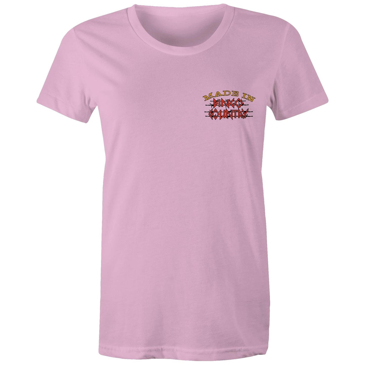 Made in Dingo Country" logo on a plain pink women's maple tee - front view.