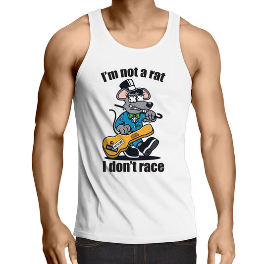 Man wearing a white singlet with a graphic of a laid-back rat playing guitar, and text 'I'm not a rat I don't race' - a casual top from Dingo Country