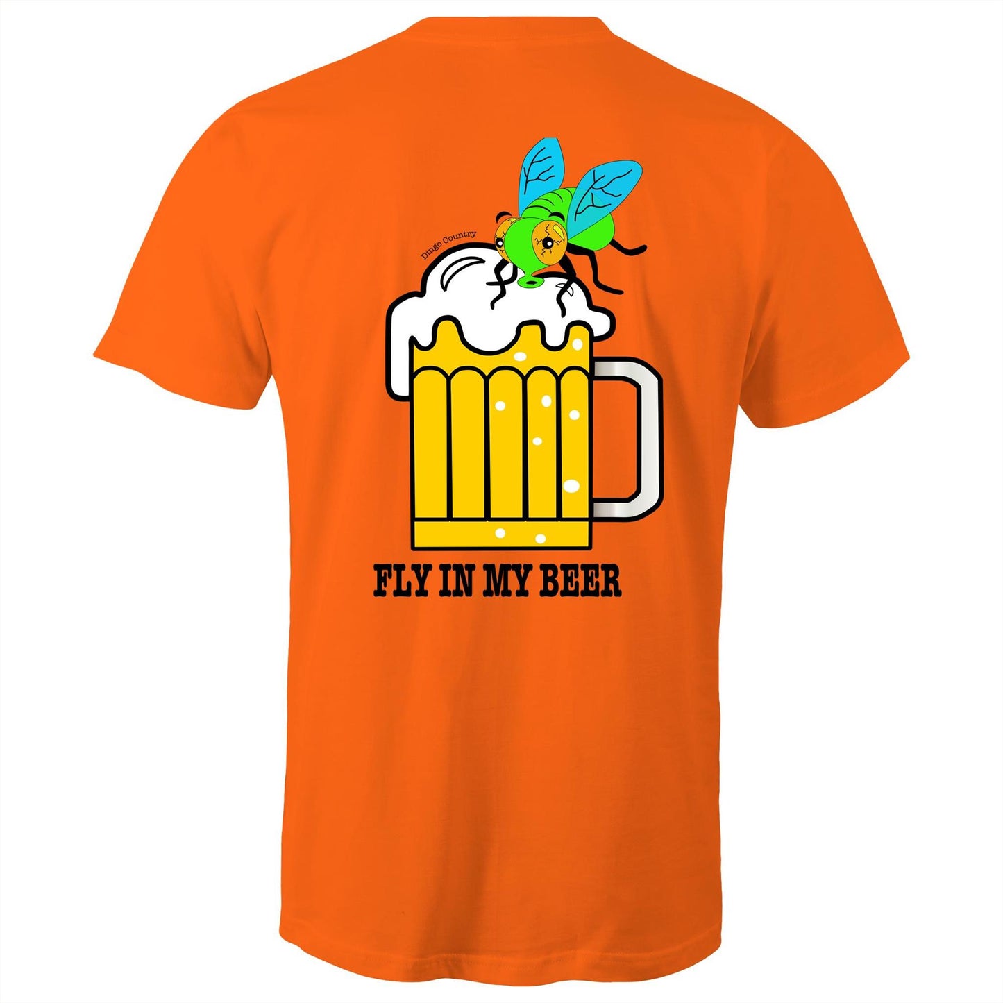 Back view of 'Fly in My Beer' Men's T-Shirt by Dingo Country in orange – showcasing a playful graphic of a beer mug with a fly on top and the witty phrase 'Fly in My Beer' in bold letters, symbolising the Aussie outdoor drinking experience.