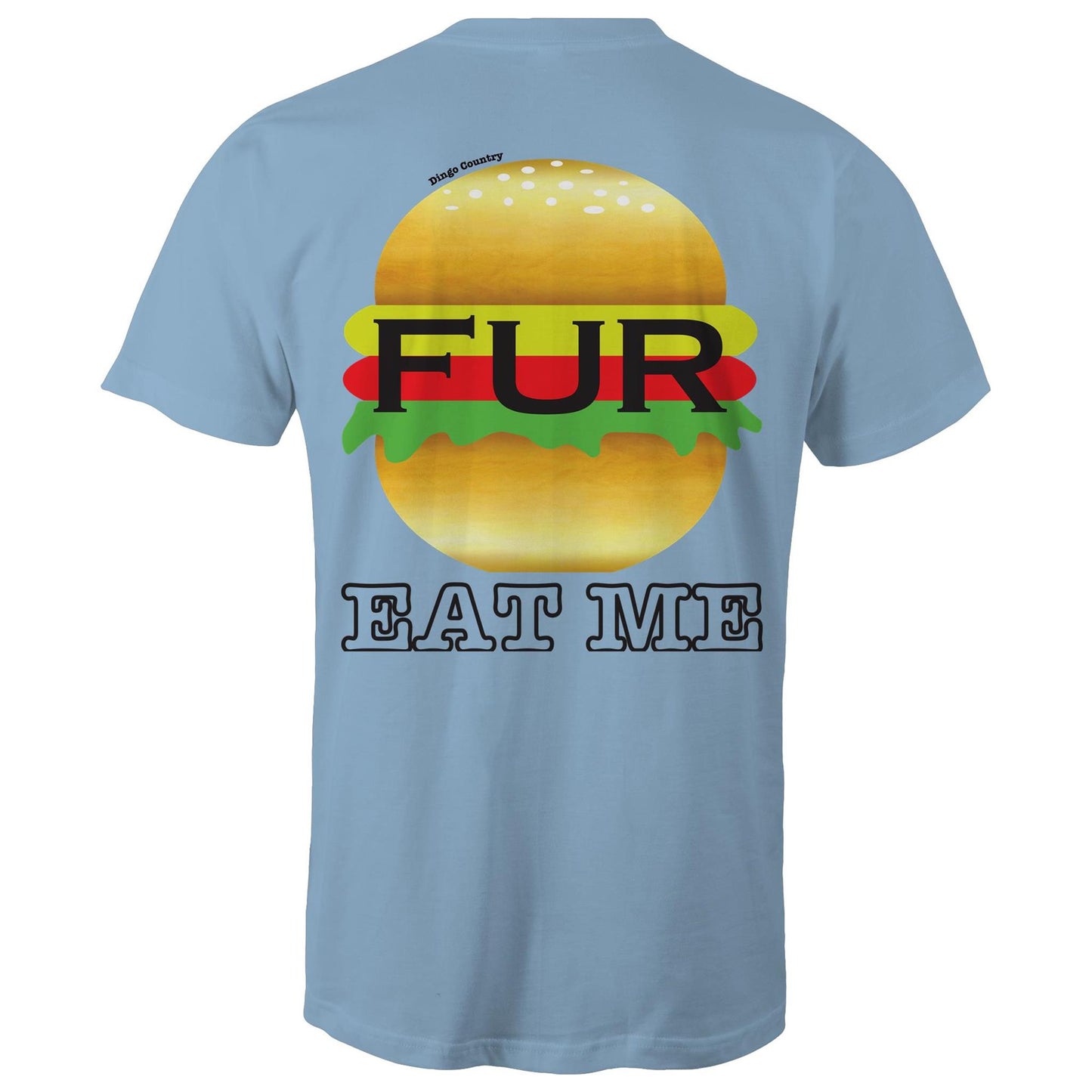 Back of Carolina blue t-shirt displaying a humorous 'EAT ME' text with a stylized Fur burger graphic, blending Australian slang with playful design