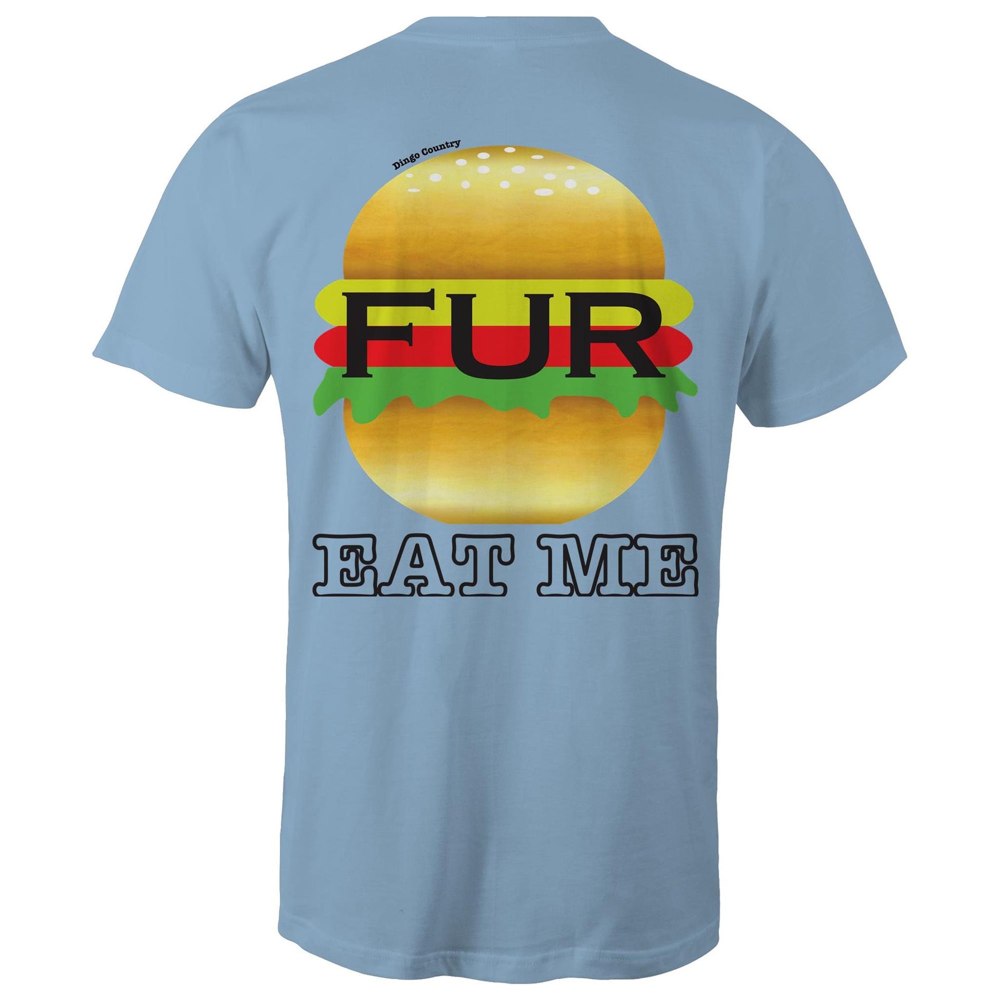 Back of Carolina blue t-shirt displaying a humorous 'EAT ME' text with a stylized Fur burger graphic, blending Australian slang with playful design