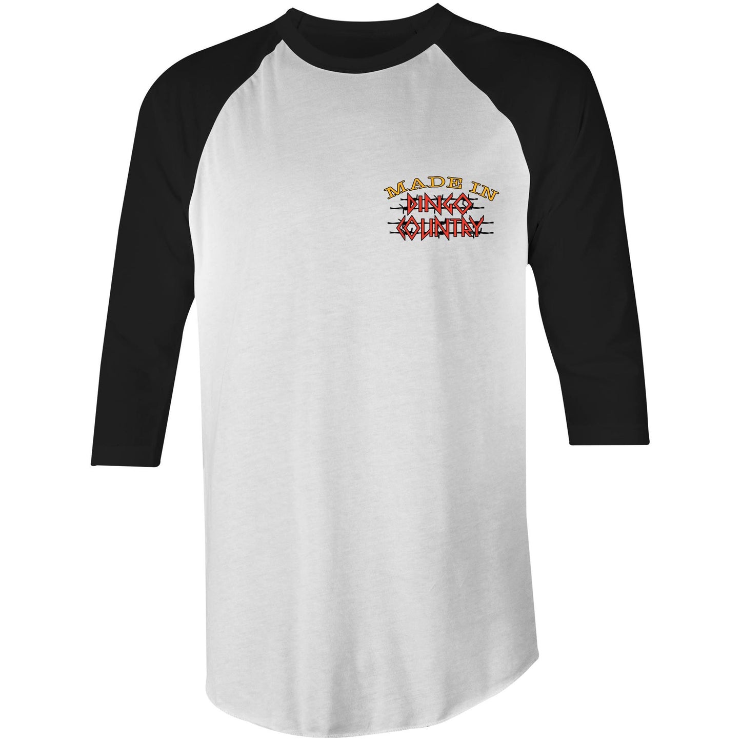 White raglan T-shirt with black sleeves and a small 'Made in Dingo Country' logo on the front, simple yet stylish.