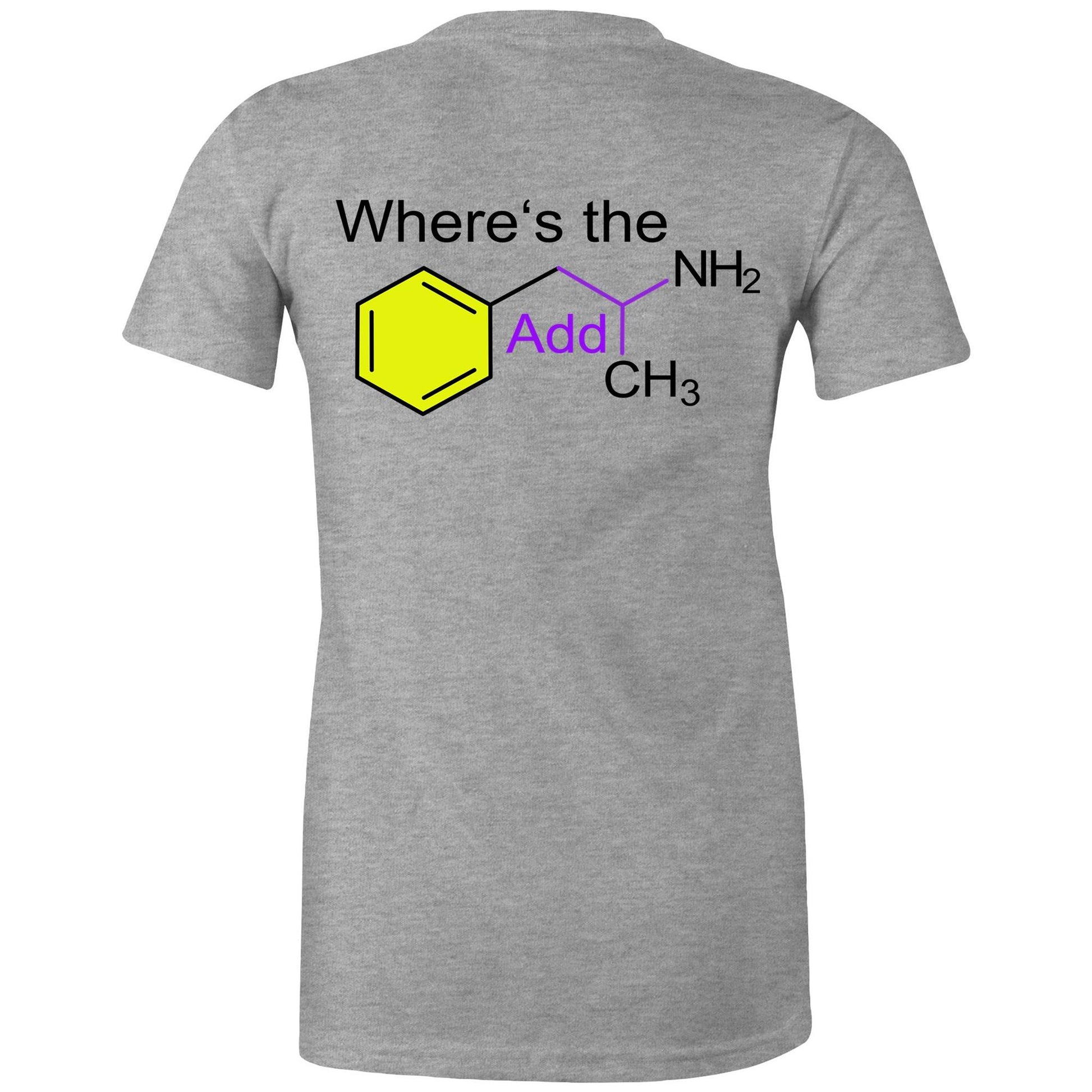 Back view grey women's t-shirt showing a playful twist on chemistry with 'Where’s the Addy' integrated within a colourful molecular structure design.