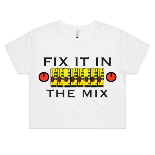 Women's crop tee in white with 'Fix It In The Mix' mixer graphic - Dingo Country.